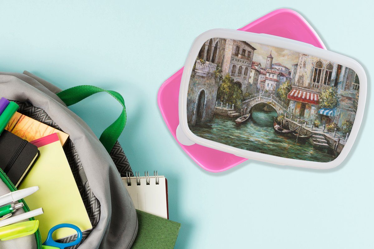 Kinder, - - Brotdose - Architektur rosa Gemälde Snackbox, (2-tlg), Boot Öl, für Erwachsene, Brotbox Mädchen, Lunchbox Kunststoff Kunststoff, MuchoWow Wasser - - Italien