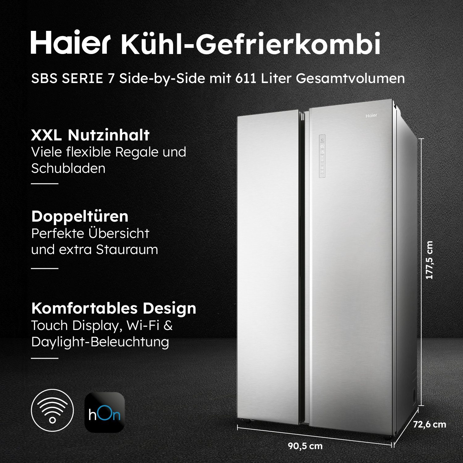 Haier Side-by-Side SBS Full Depth HSW79F18ANMM, 177,5 cm hoch, 90,5 cm breit, XXL-Kapazität: Über 600 Liter Fassungsvermögen