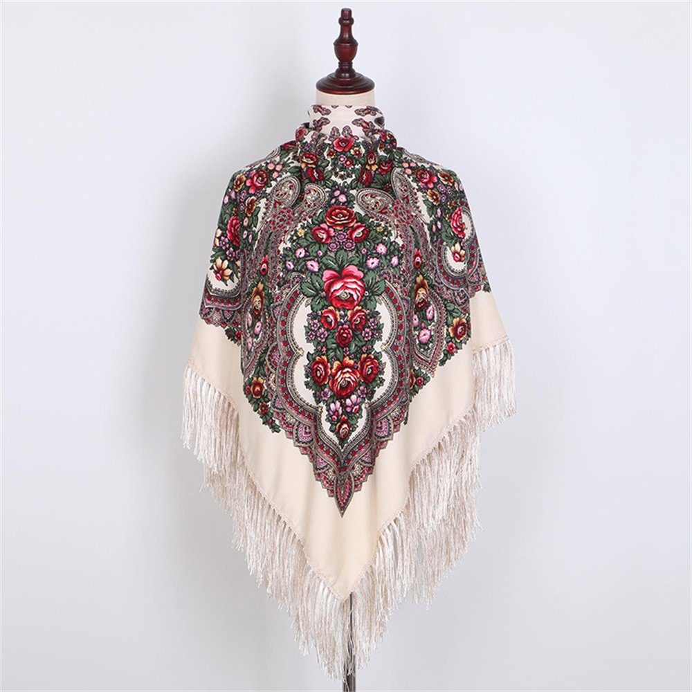 Schal Damenschal, ethnischen Beige Fransen quadratischen Modeschal Baumwolle BEüACC
