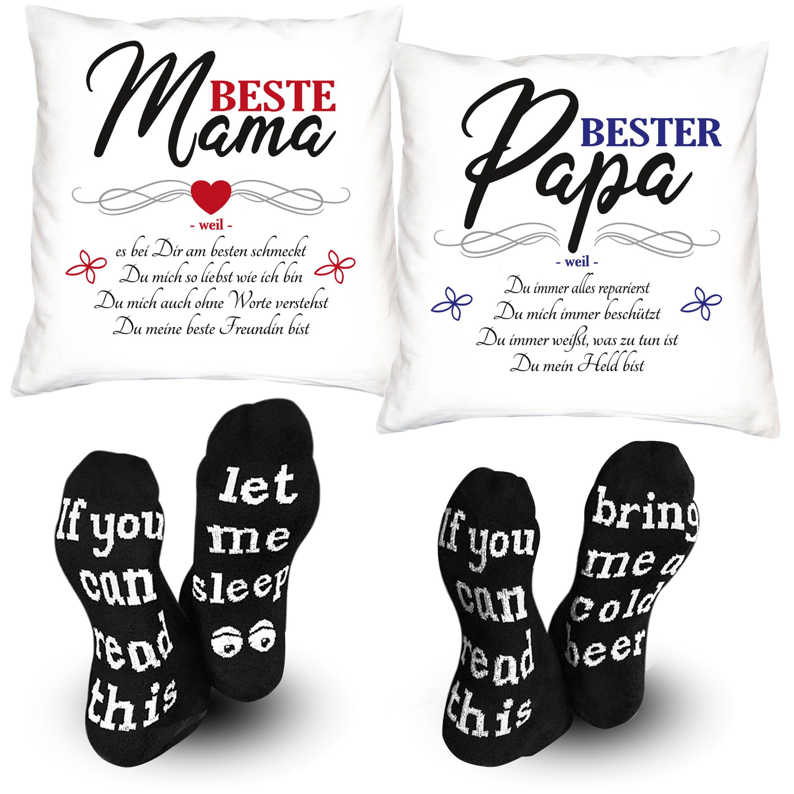 Soreso® Dekokissen Eltern Geschenk zu Weihnachten 2 Kissen Mama und Papa + 2 Paar Socken, Geschenk-Set