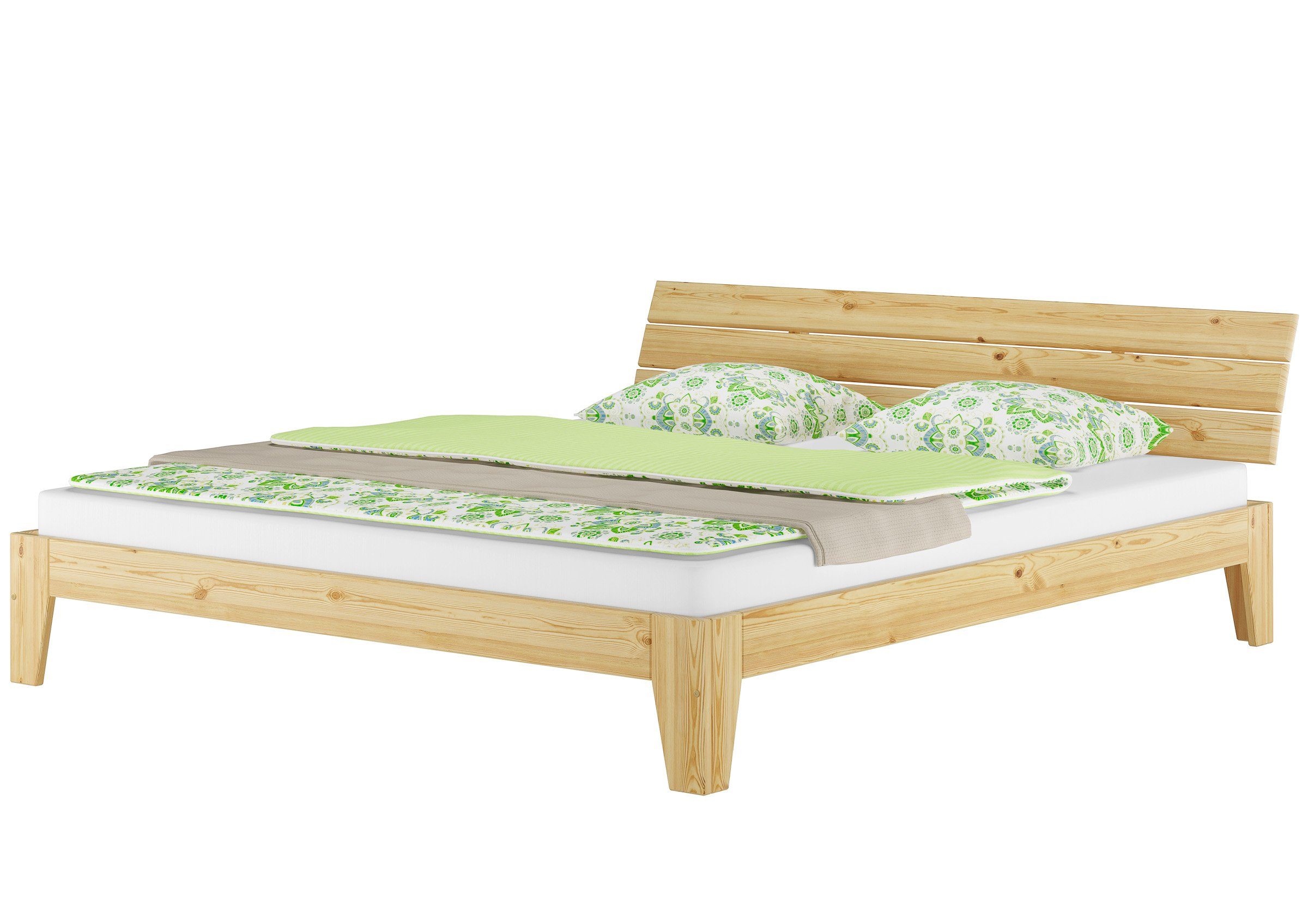 ERST-HOLZ Bett Doppelbett 180x200 Kiefer Kieferfarblos lackiert mit u. natur Matratzen, Rollrost