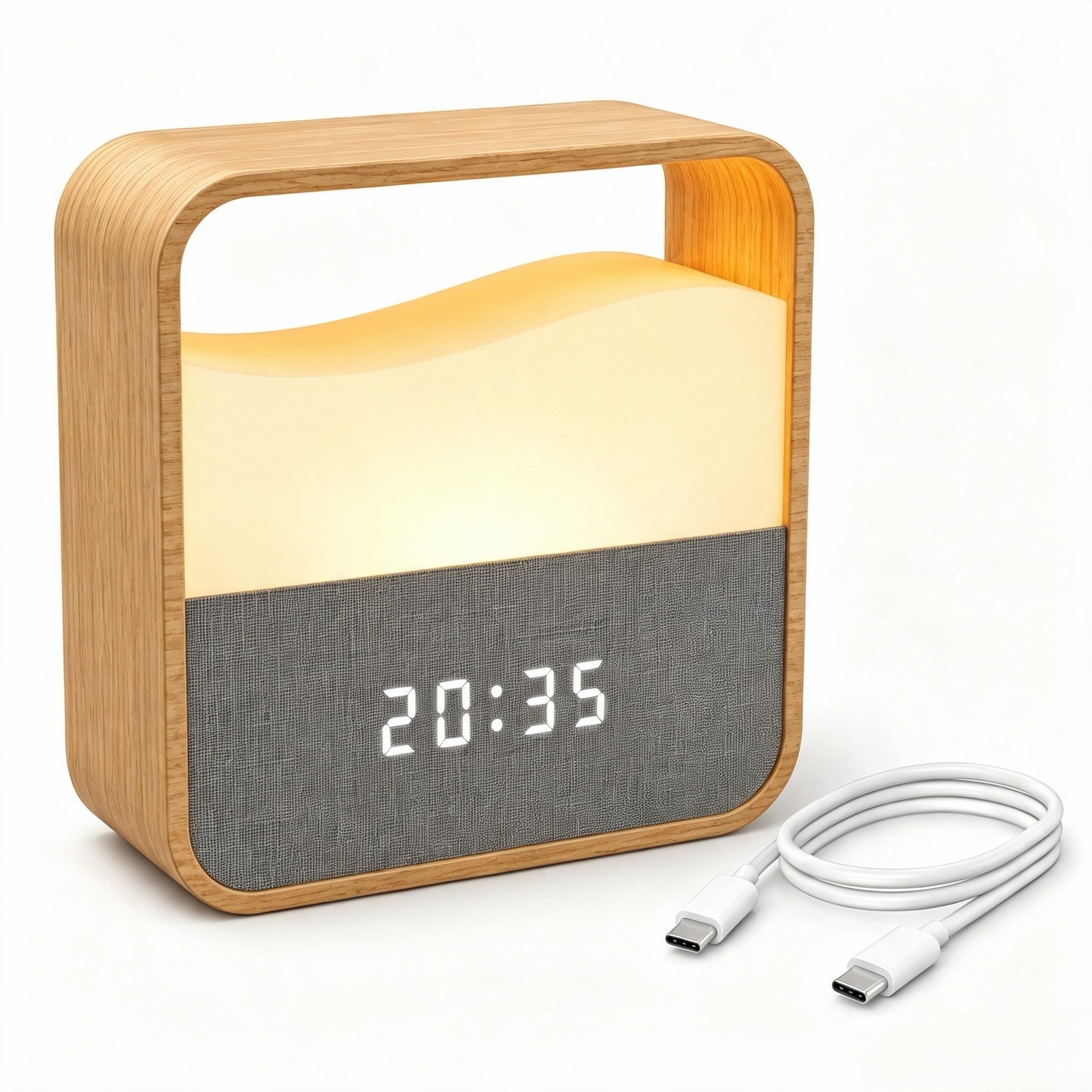 Fyrove Wecker Digitaler Wecker mit dimmbarem Nachtlicht & Doppelalarm Sanfte Wake-up Lampe Holzoptik, Kabelloser USB-C Aufladbar