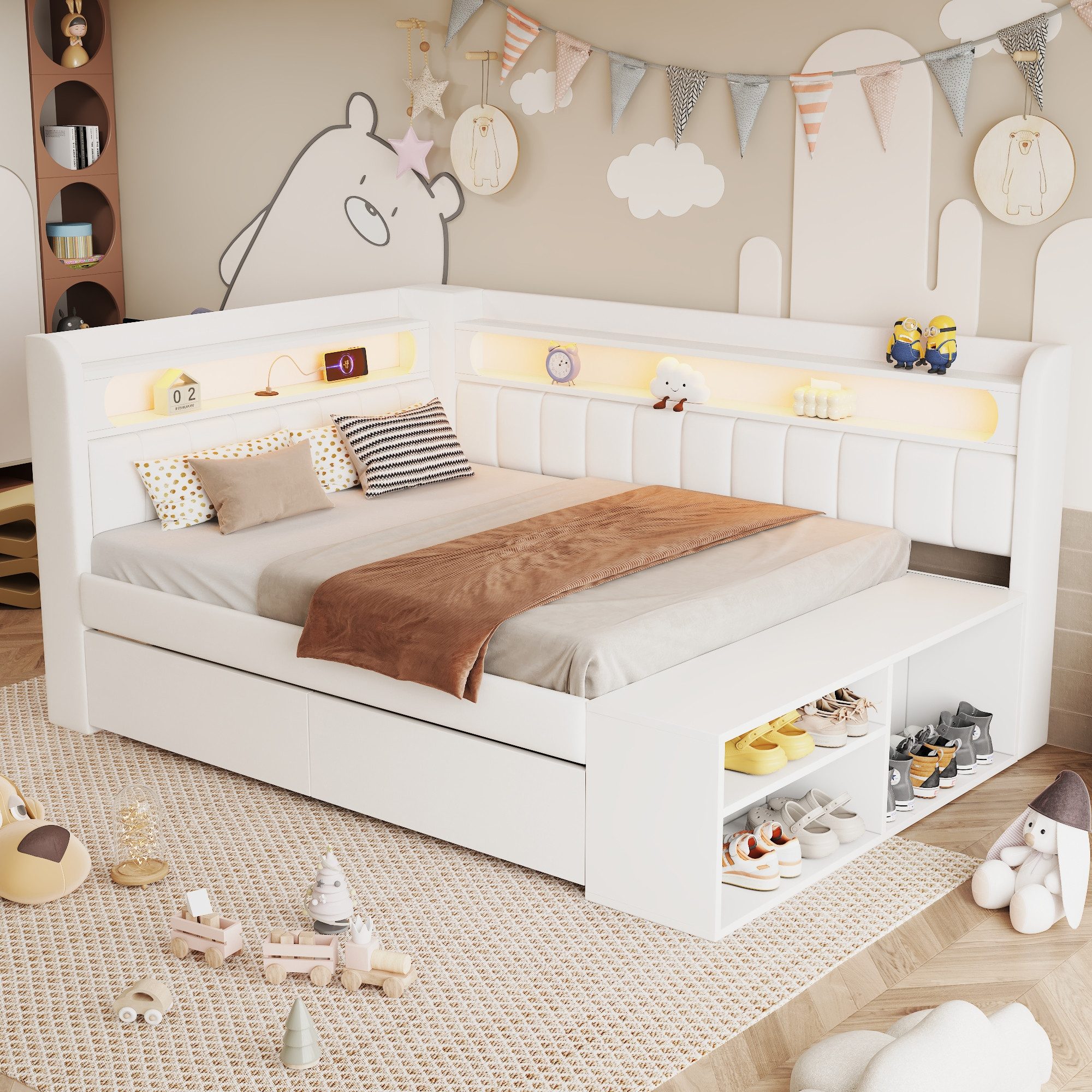 Merax Daybett 90x200cm mit USB-Anschluss & LED-Lichtleiste (Jugendbett Einzelbett Kinderbett, 1 tlg), Schlafsofa Tagesbett mit Schuhschrank, 2 Schubladen & Abla – Bild 2 von 5