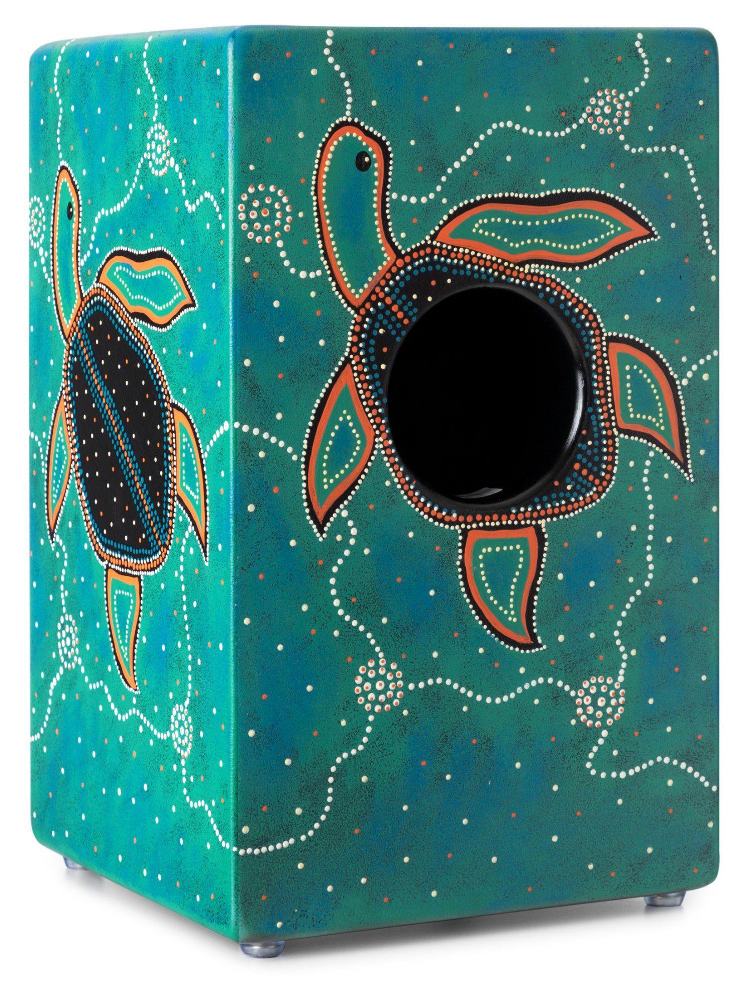 XDrum Cajon Handbemalte Designer-Cajon mit Dot Art-Schildkröten "Turtle", Bass Port & Snare Teppich mit 20 Spiralen