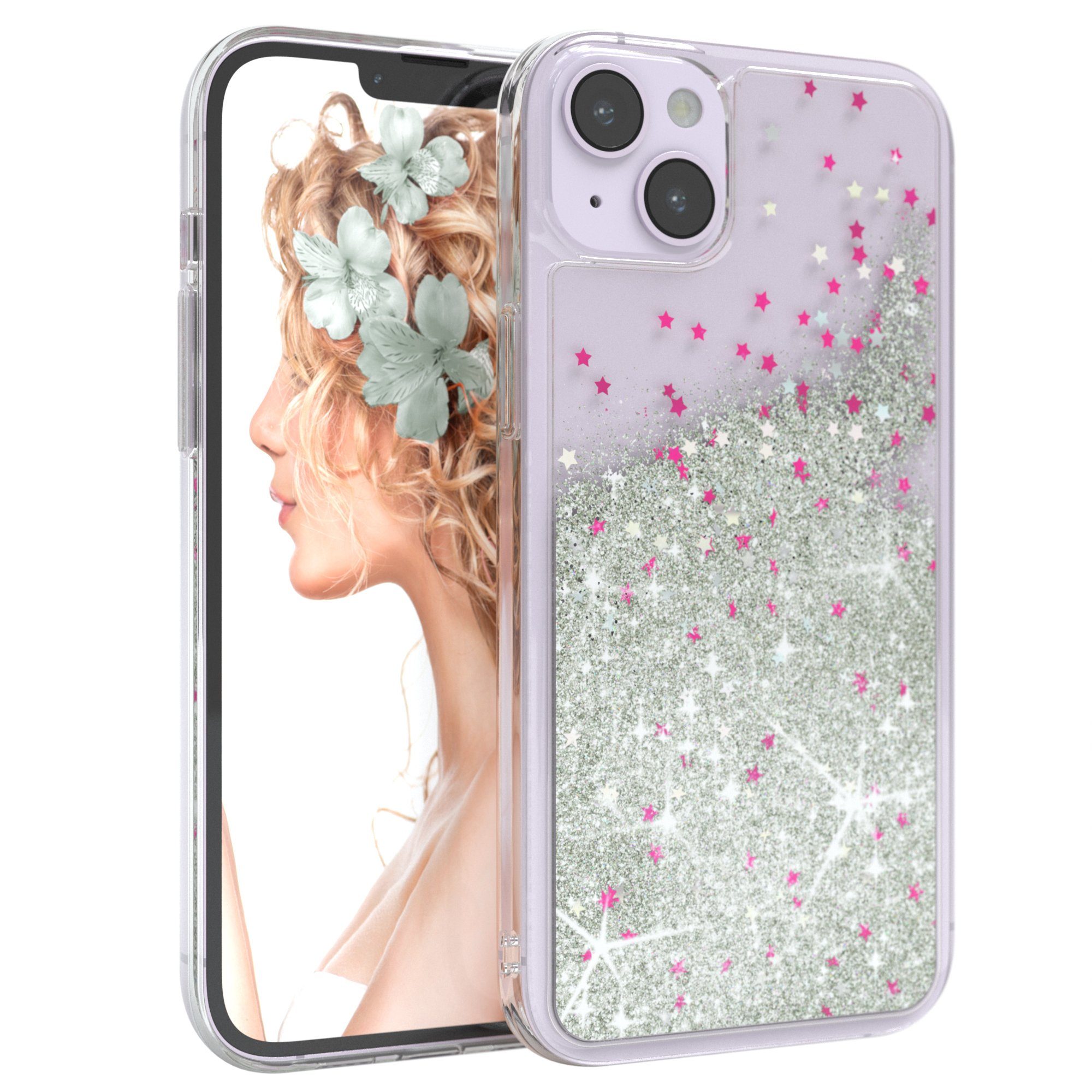 EAZY CASE Handyhülle Liquid Glittery Case für Apple iPhone 14 Plus 6,7 Zoll, Kratzfeste Silikonhülle stoßfestes Back Cover Phone Case Etui Silber