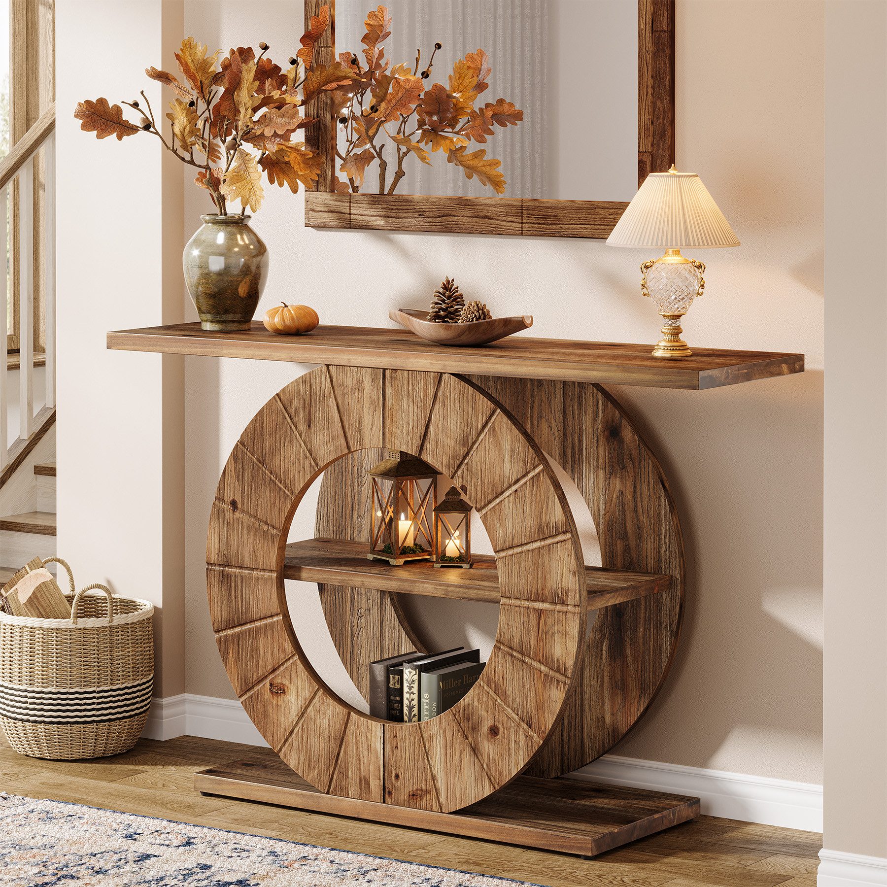 Tribesigns Konsolentisch aus Massivholz mit Stauraum, 3-stufig Sofatisch mit runden Sockel