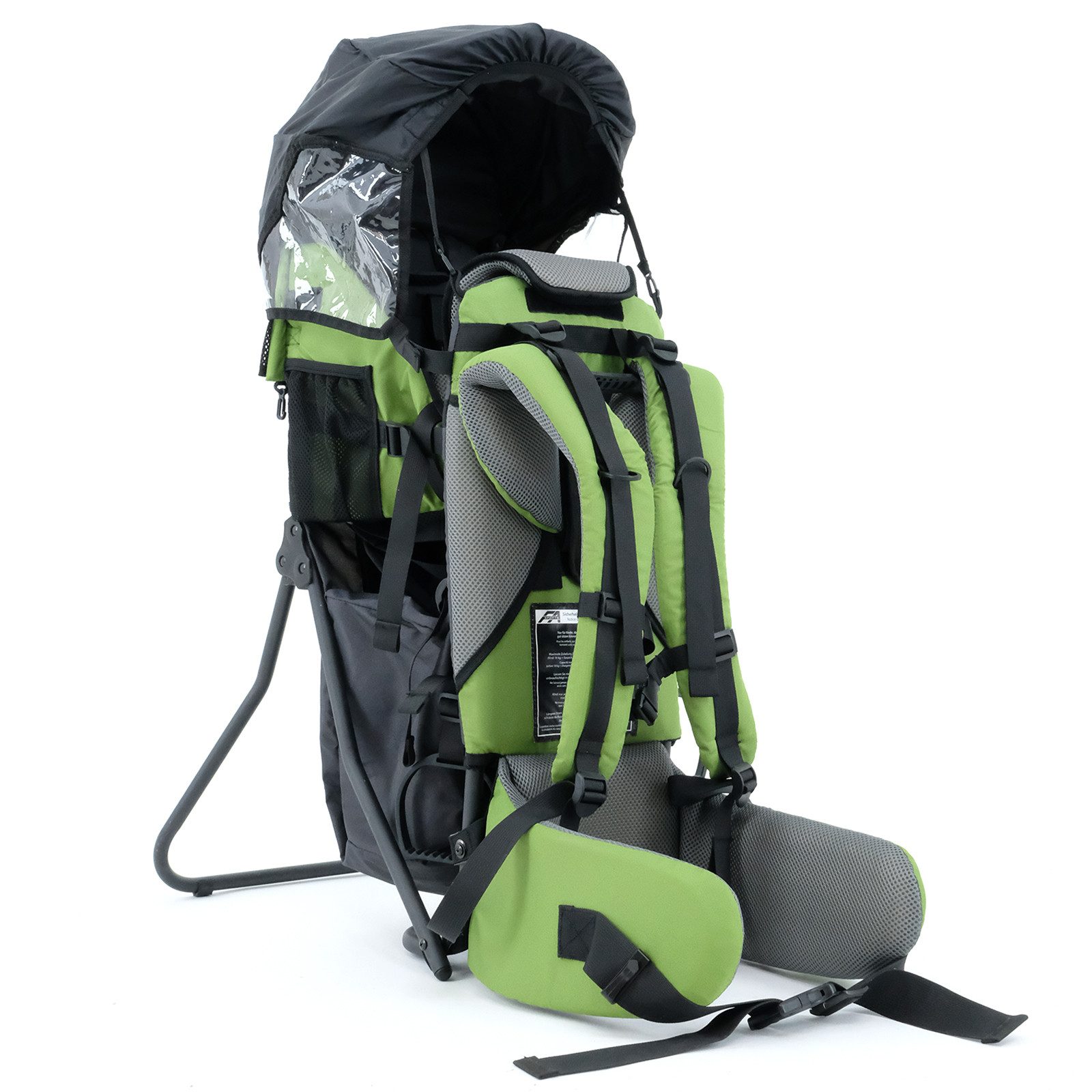 FASports Rückentrage Lil' Boss Kinderkraxe, Kindertrage (grün-grau, 1-tlg), Babytrage, 5-Punkt-Sicherungsgurt, Regen- und Sonnendach, Taschen