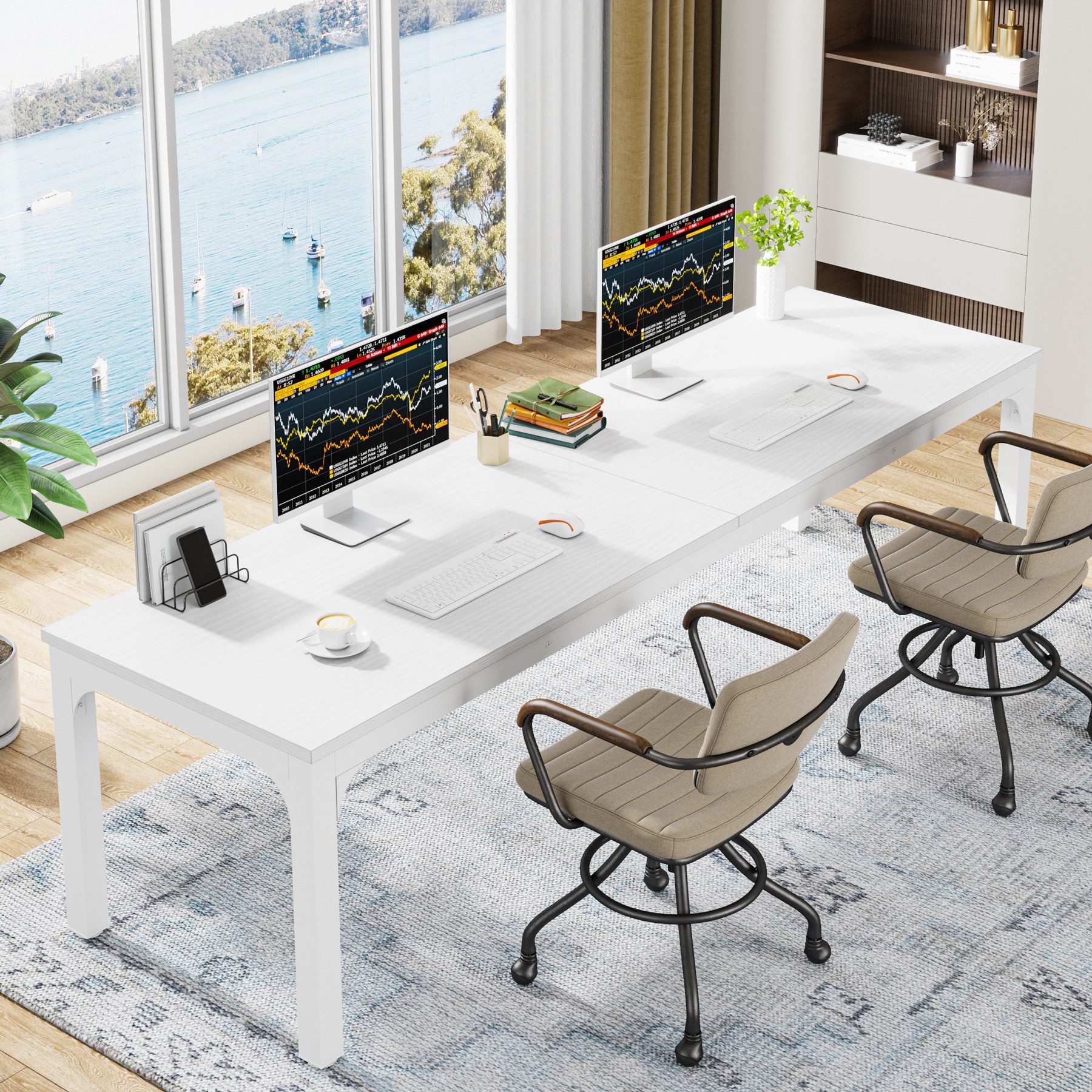 Tribesigns Computertisch 200x70x75cm, doppelter PC-Bürotisch, Braun/Weiß günstig online kaufen