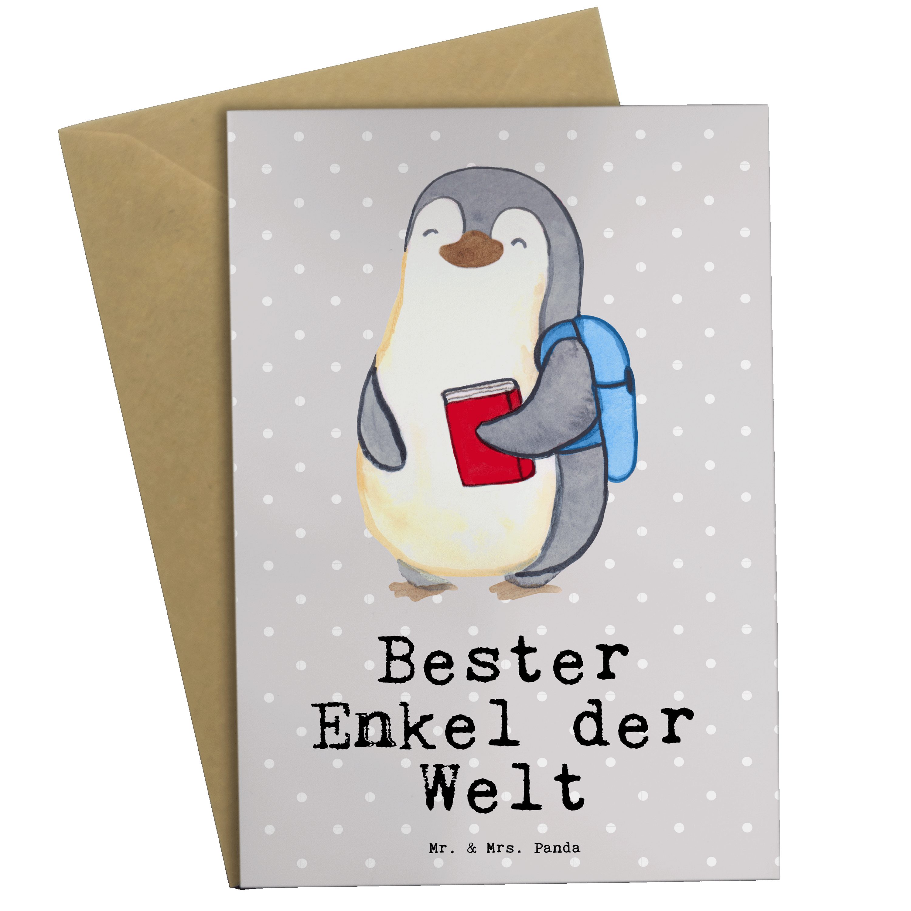 Mr. & Mrs. Panda Grußkarte Pinguin Bester Enkel der Welt - Grau Pastell - Geschenk, Klappkarte