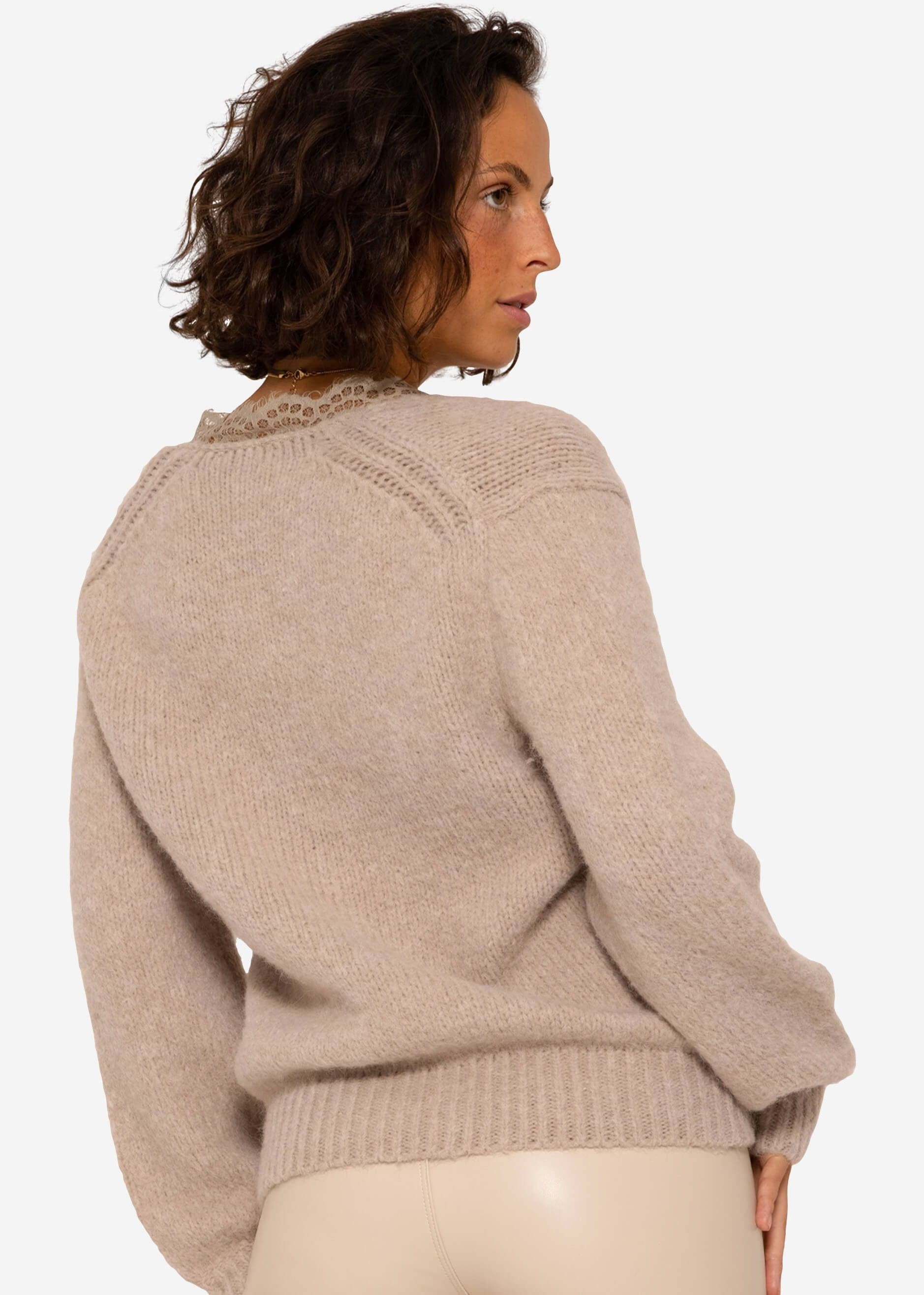 Grobstrick Spitzen-Ausschnitt Pullover Beige aus Oversize SASSYCLASSY weichem Damen mit Strickpullover Strickpullover Lässiger