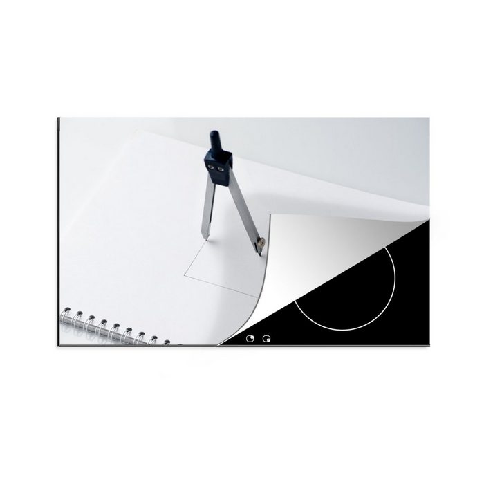 MuchoWow Herdblende-/Abdeckplatte Ein Zirkel auf weißem Papier im Quadrat Vinyl (1 tlg) induktionskochfeld Schutz für die küche Ceranfeldabdeckung