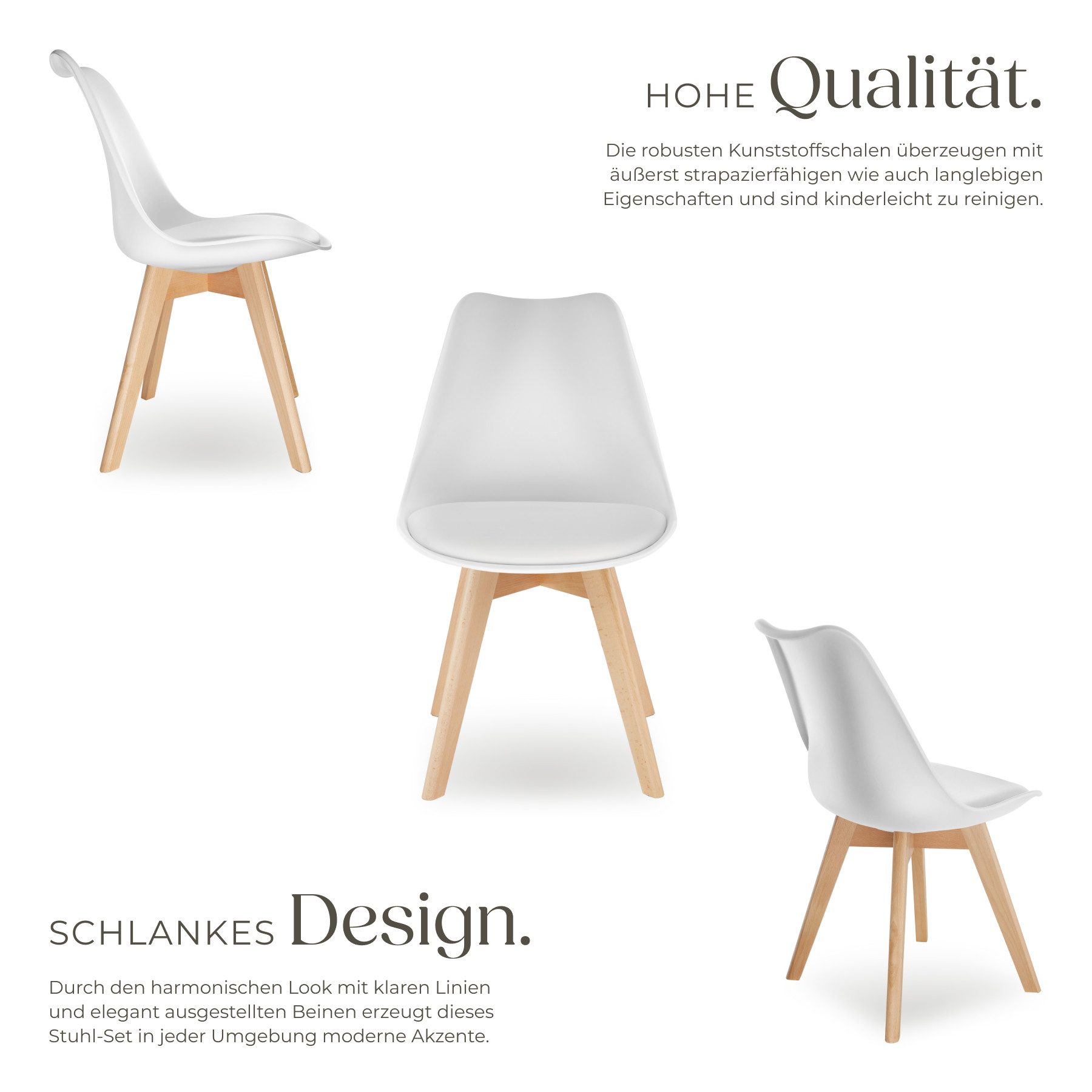tectake Esszimmerstuhl Küchenstuhl Scandi-Design, gepolsterte Sitzfläche, 49 x 53 x 82 cm (Polsterstuhl Frederikke in weiß, 6 St), ergonomische Form, massive Holzbeine, bodenschonende Filzgleiter