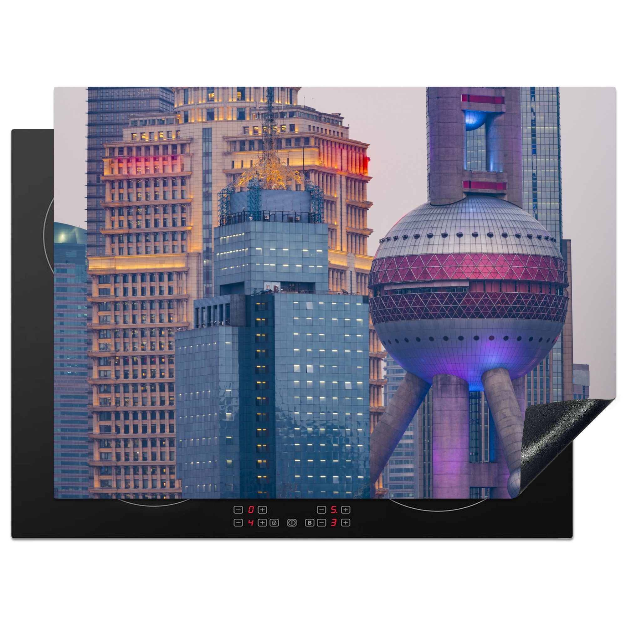 MuchoWow Herdblende-/Abdeckplatte Architektur des Oriental Pearl Tower in Shanghai, Vinyl, (1 tlg), 70x52 cm, Mobile Arbeitsfläche nutzbar, Ceranfeldabdeckung