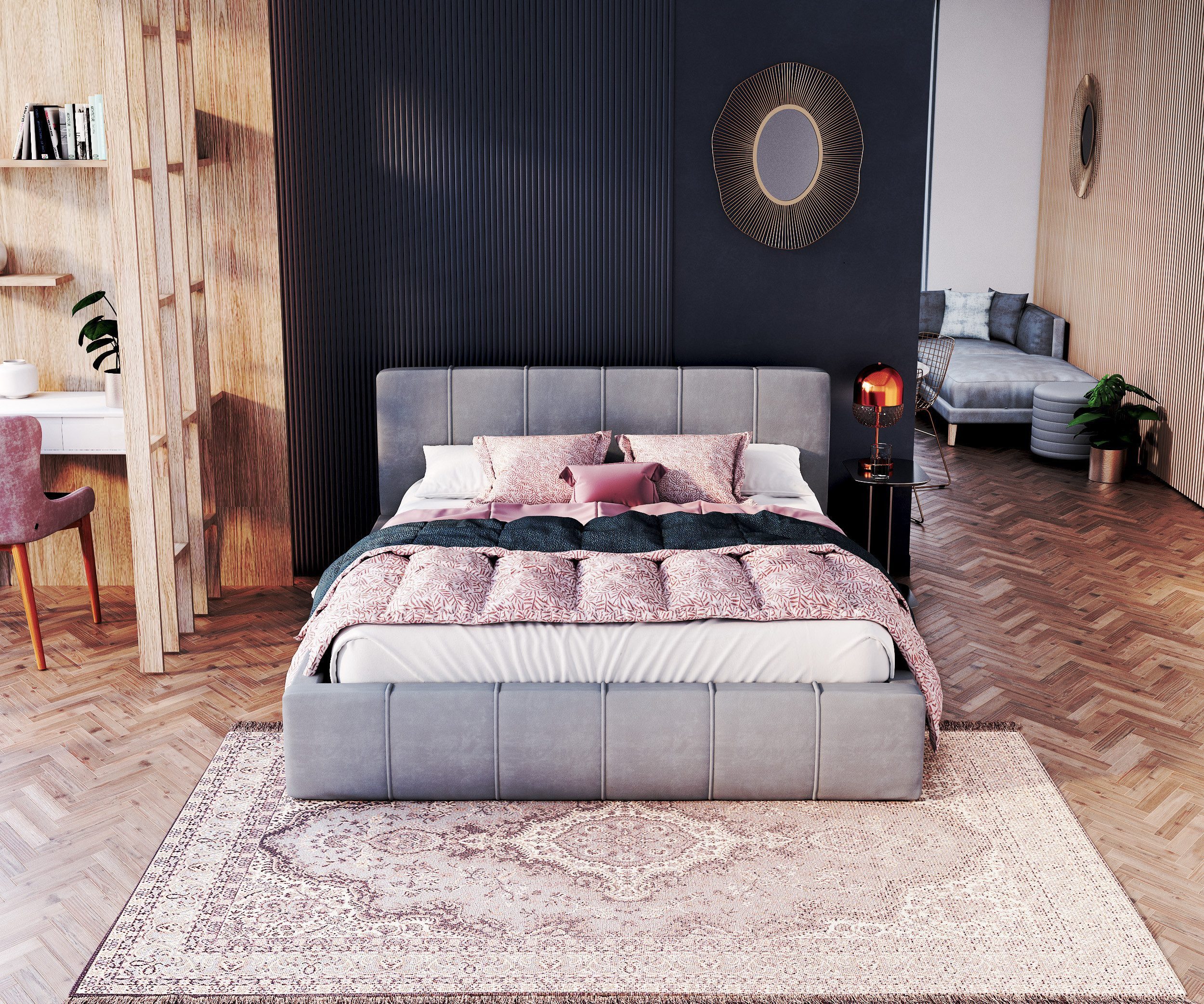 FDM Polsterbett Velours Stauraumbett - TOPSELLER - MADE IN EU - (verfügbar 90x200 120x200 140x200 160x200 180x200cm, Bettrahmen, Bett, Optional mit Matratze bestellbar, mit großen gepolsterten Kopfteil, mit Bettkasten zum aufklappen), Metallrahmen mit Lattenrost, hydraulische Klappfunktion für Stauraum