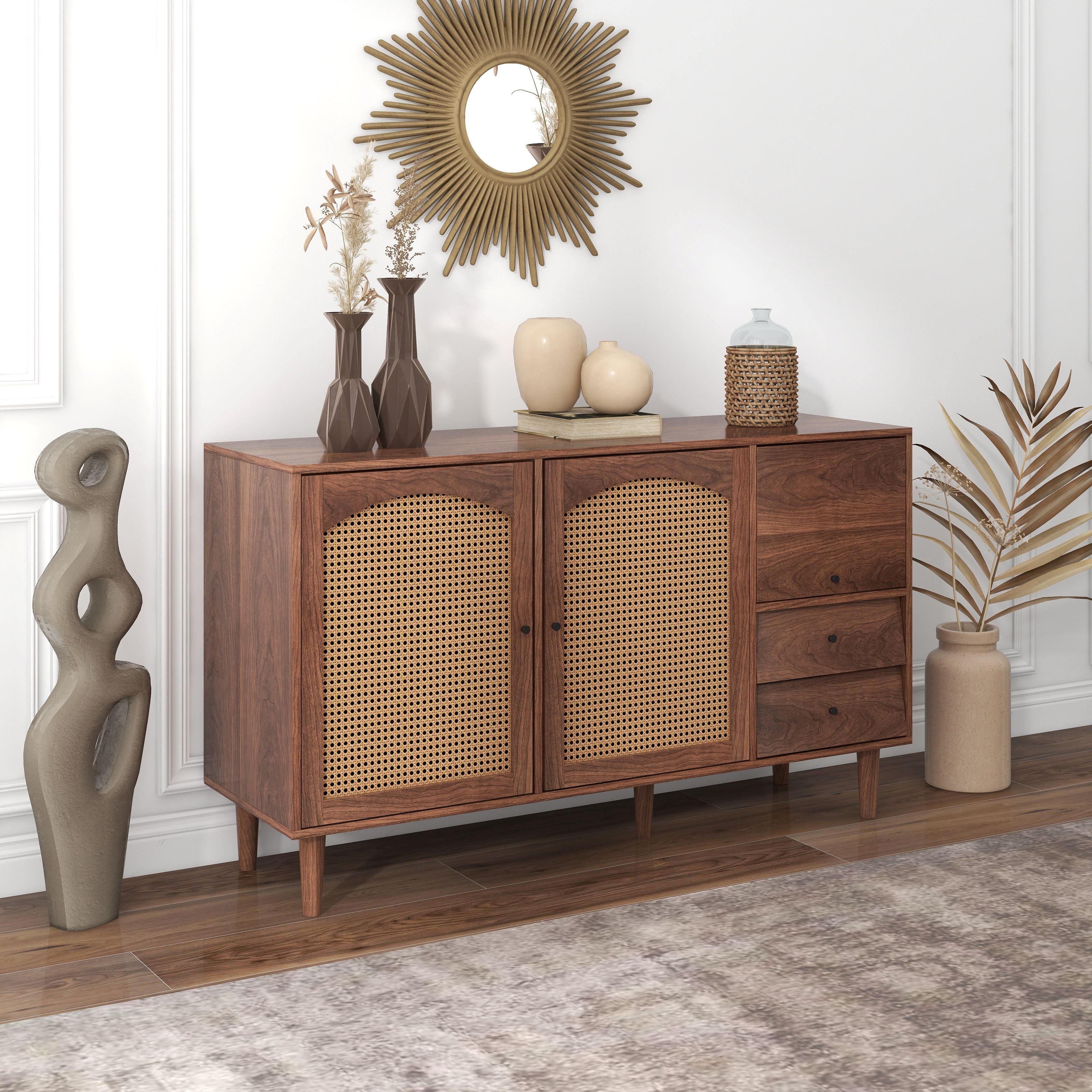 MC Star Sideboard Sideboard Mit Rattan Einsatz (Breite 130 cm, mit drei Türen und zwei unregelmäßigen Schubladen 130*75.5*40 cm)