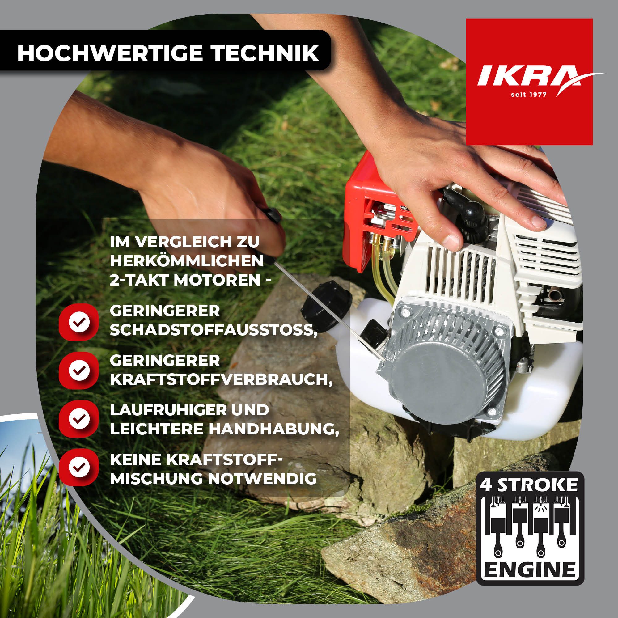ikra GmbH Benzin-Freischneider IBF 31-4, 25,5 cm Arbeitsbreite Messer, 43 cm Arbeitsbreite Faden, (mit 8-Zahn-Messer & Schutzbrille), inkl. Fadenspule, Schultergurt, 3- & 8-Zahn-Messer & Schultergurt