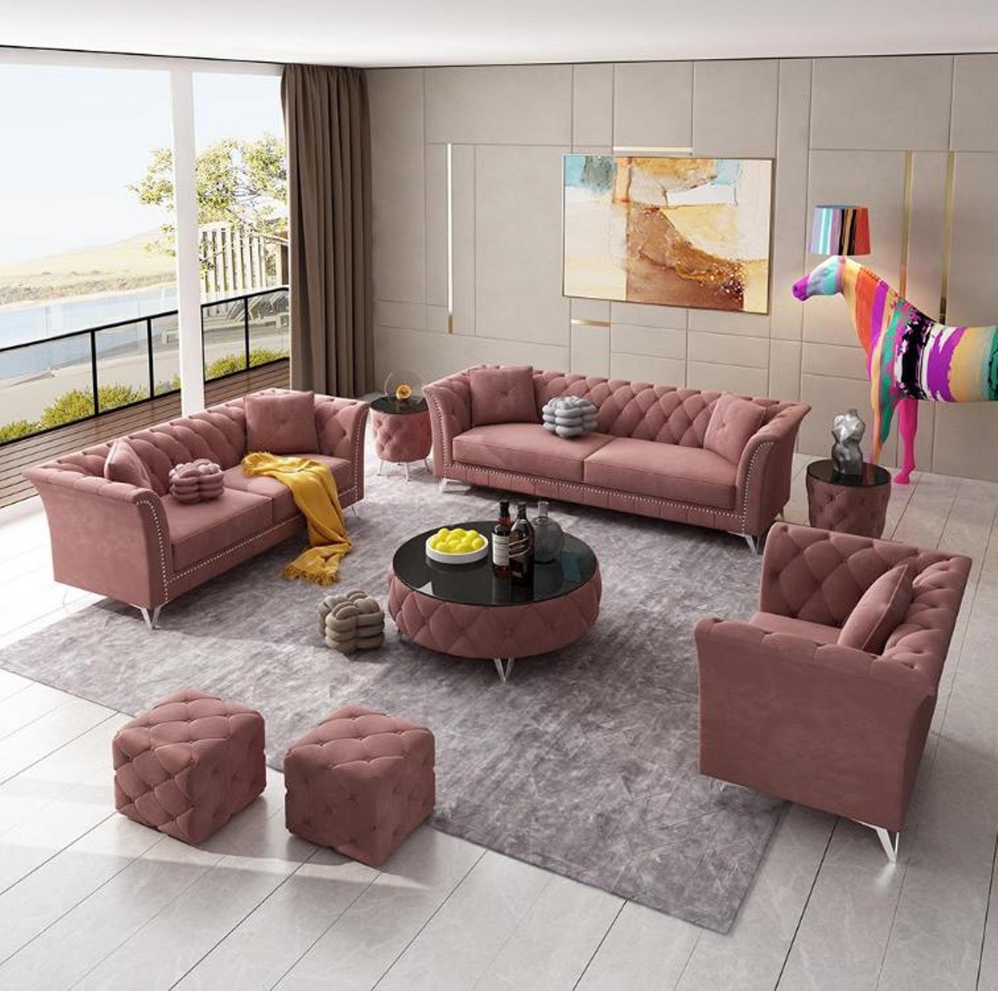 JVmoebel Wohnzimmer-Set Chesterfield Set 8tlg Set Couch Garnitur Beistelltisch Couchtisch Sofa Rosa