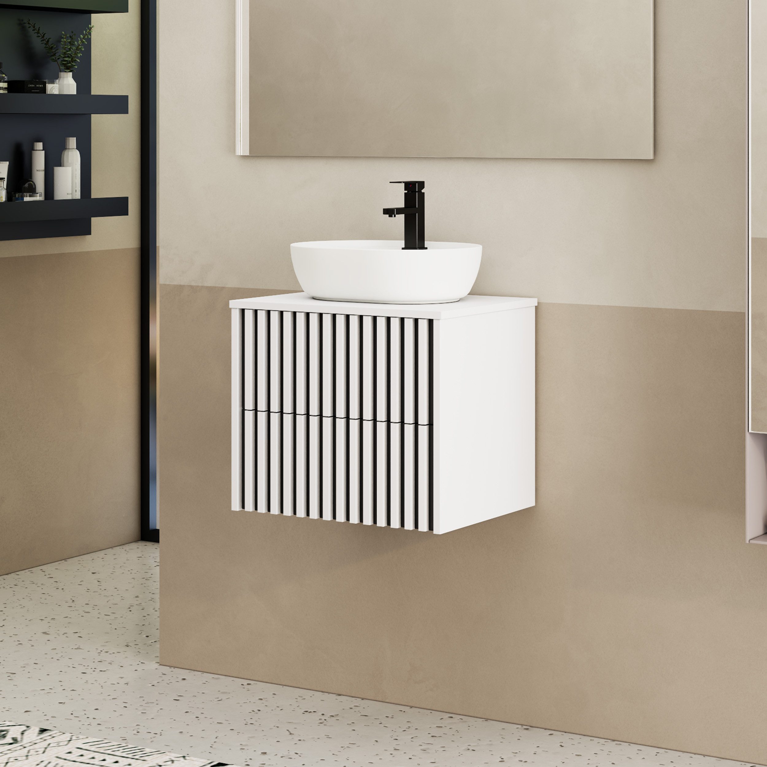 UEV Waschtisch mit Unterschrank hängend Ovales Keramikwaschbecken (Komplett-Set Badmöbel, Badezimmmer Schrank, mit Wasserhahn und Pop-up-Ablassventil Aufsatz-Waschbecken), Soft-close Schubladen,Waschbeckenunterschrank mit 2 Schubladen
