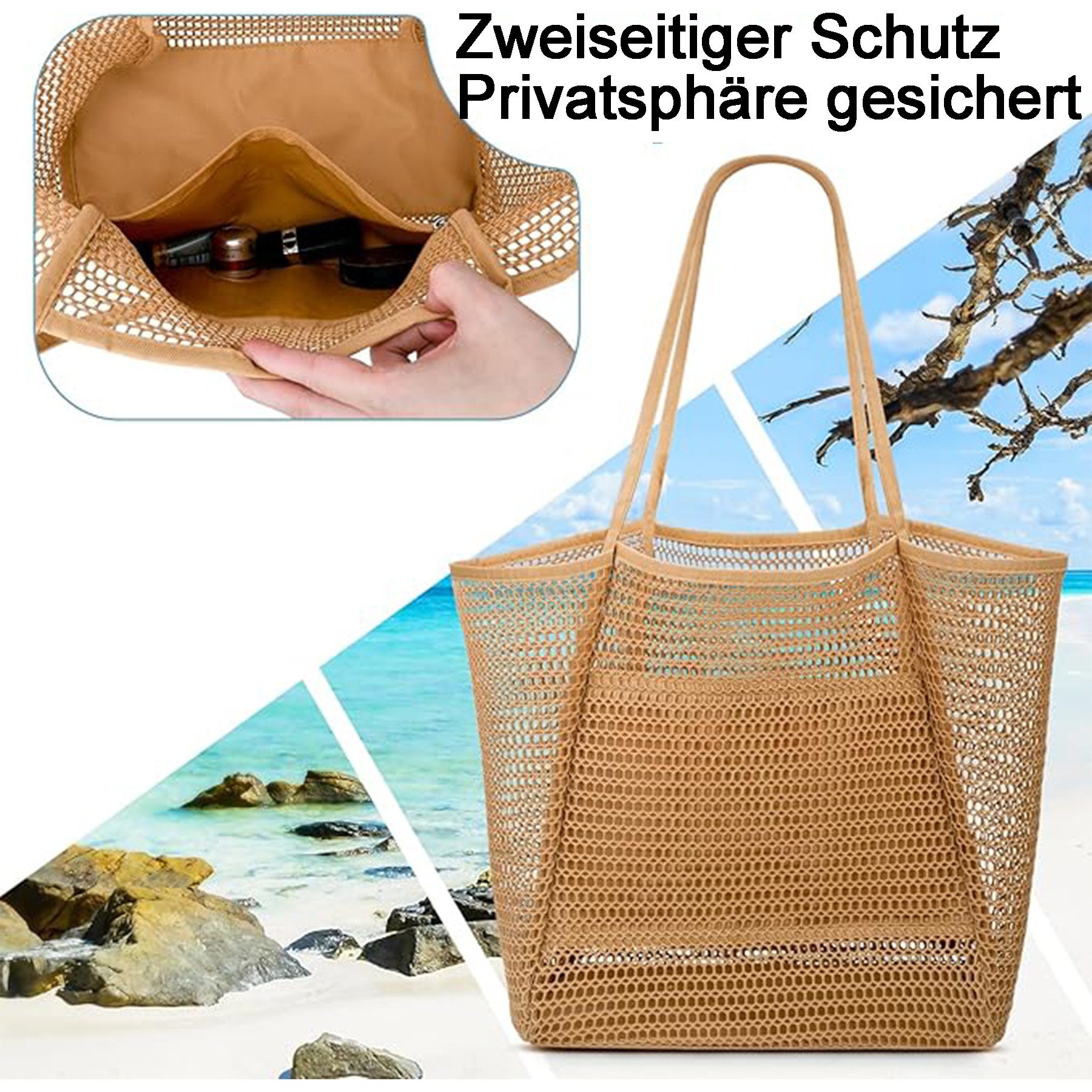 Mutig Strandtasche Strandtasche Groß, Mesh mit Reißverschluss Shopper Damen Badetasche (Handtasche mit Reißverschluss Wasserdicht Sanddicht, Damen 15L, Faltbar für Damen, Strand, Pool, Urlaub, Fitnessstudio & Familie)