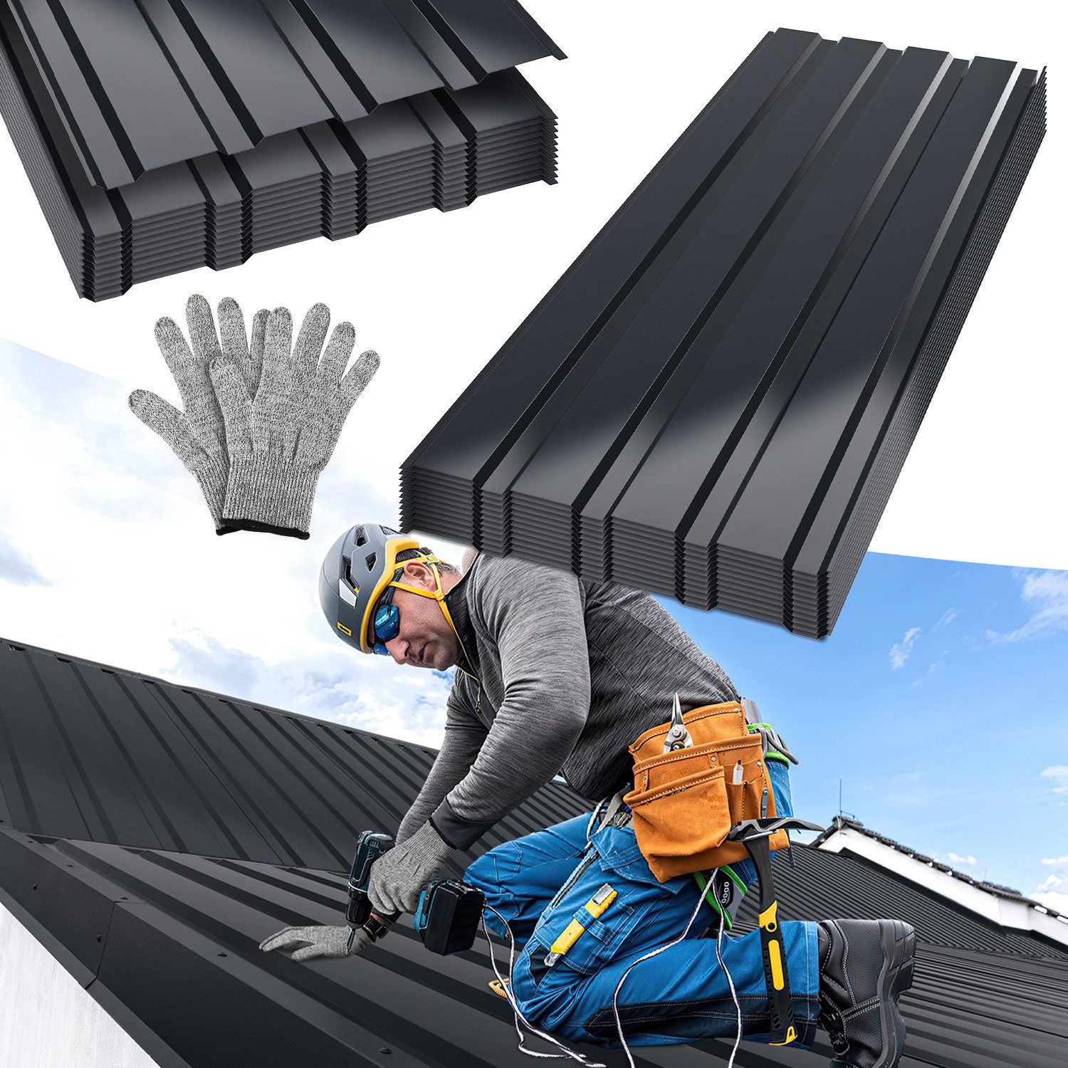 Clanmacy Trapezblech Trapezblech 24er Set Profilblech Trapezblech mit Handschuhe 12m², 115x45x0.3 mm (Set 24-St) UV-Schutz, Wasserfest, Wetterfest, Rostresistent, Korrosionsbeständig