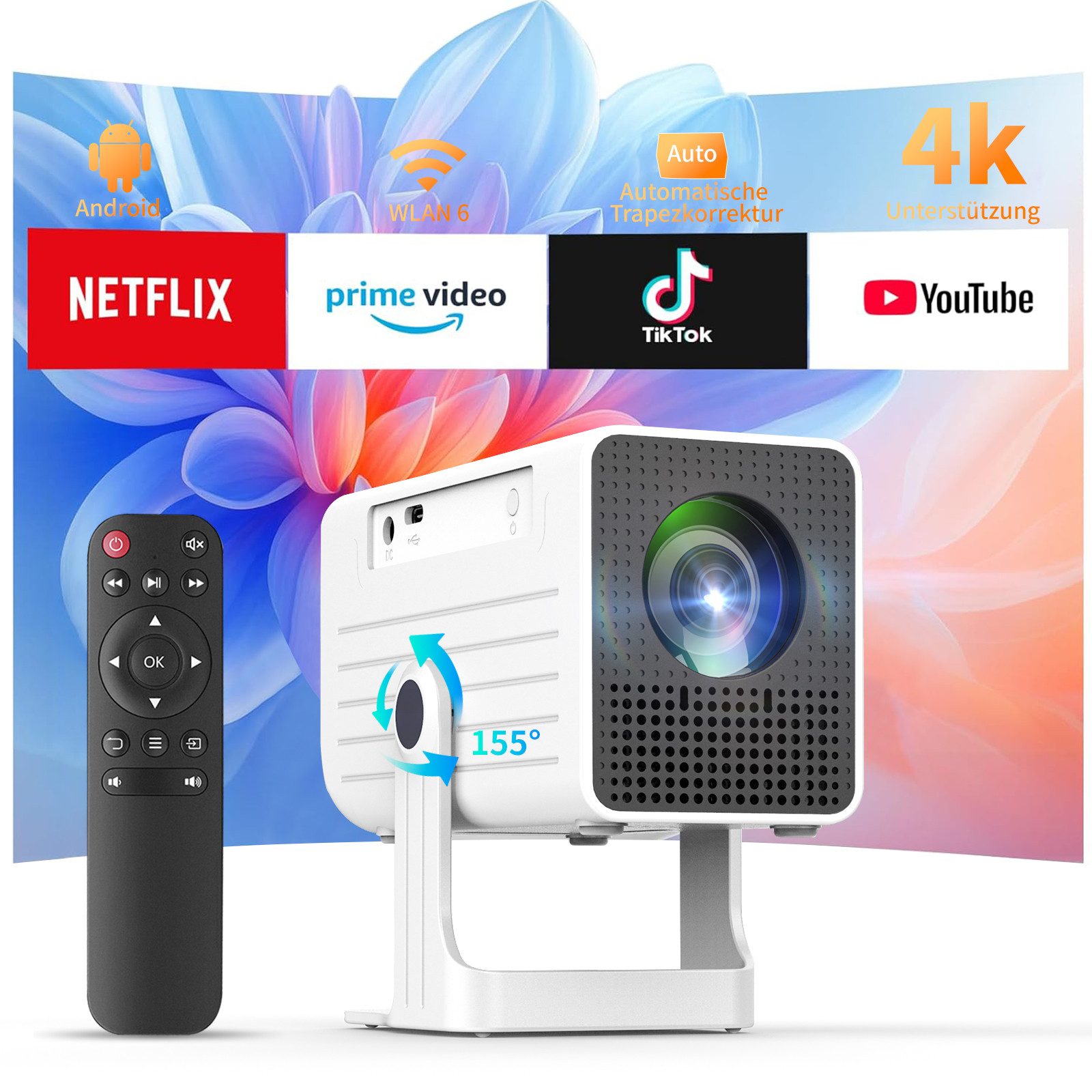 Rayofi Mini Проэкторы Ultra HD 4K, Integrierte App,Wifi 6, BT 5.4 Projektor, Мини-проектор (12000 lm, 8000:1, 3840 x 2160 px, KI-Auto-Keystone, 180°Dreh, Tragbarer Проэкторы Heimkino mit TV Stick)