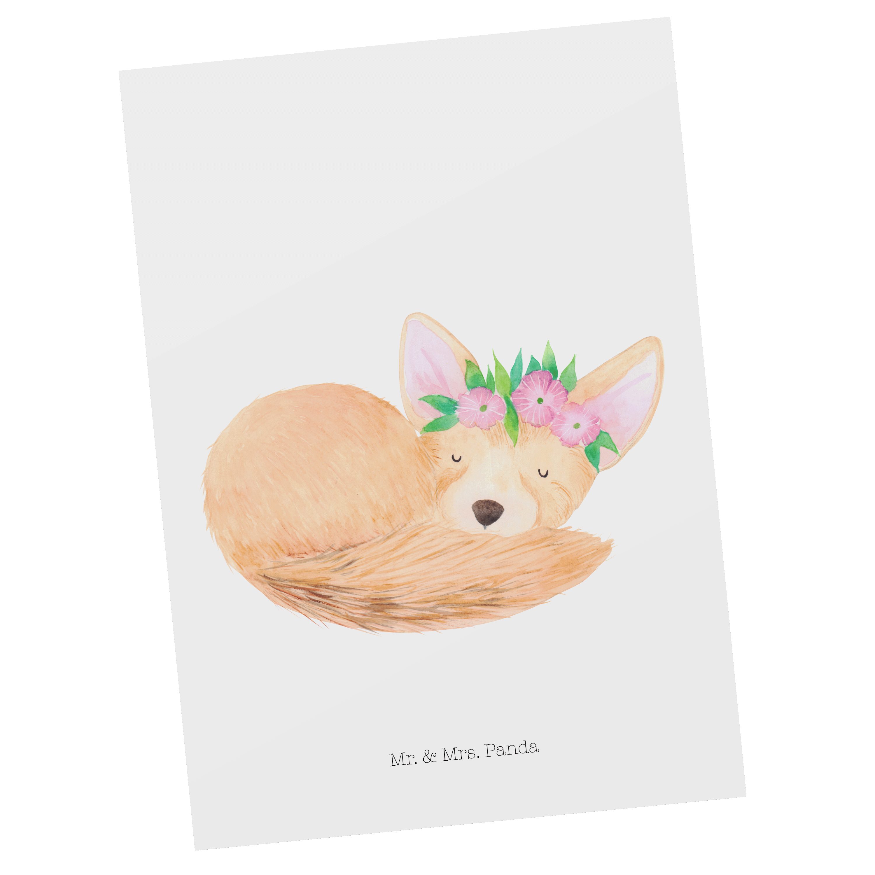 Mr. & Mrs. Panda Postkarte Wüstenfuchs Blumenkranz - Weiß - Geschenk, Geschenkkarte, Dankeskarte