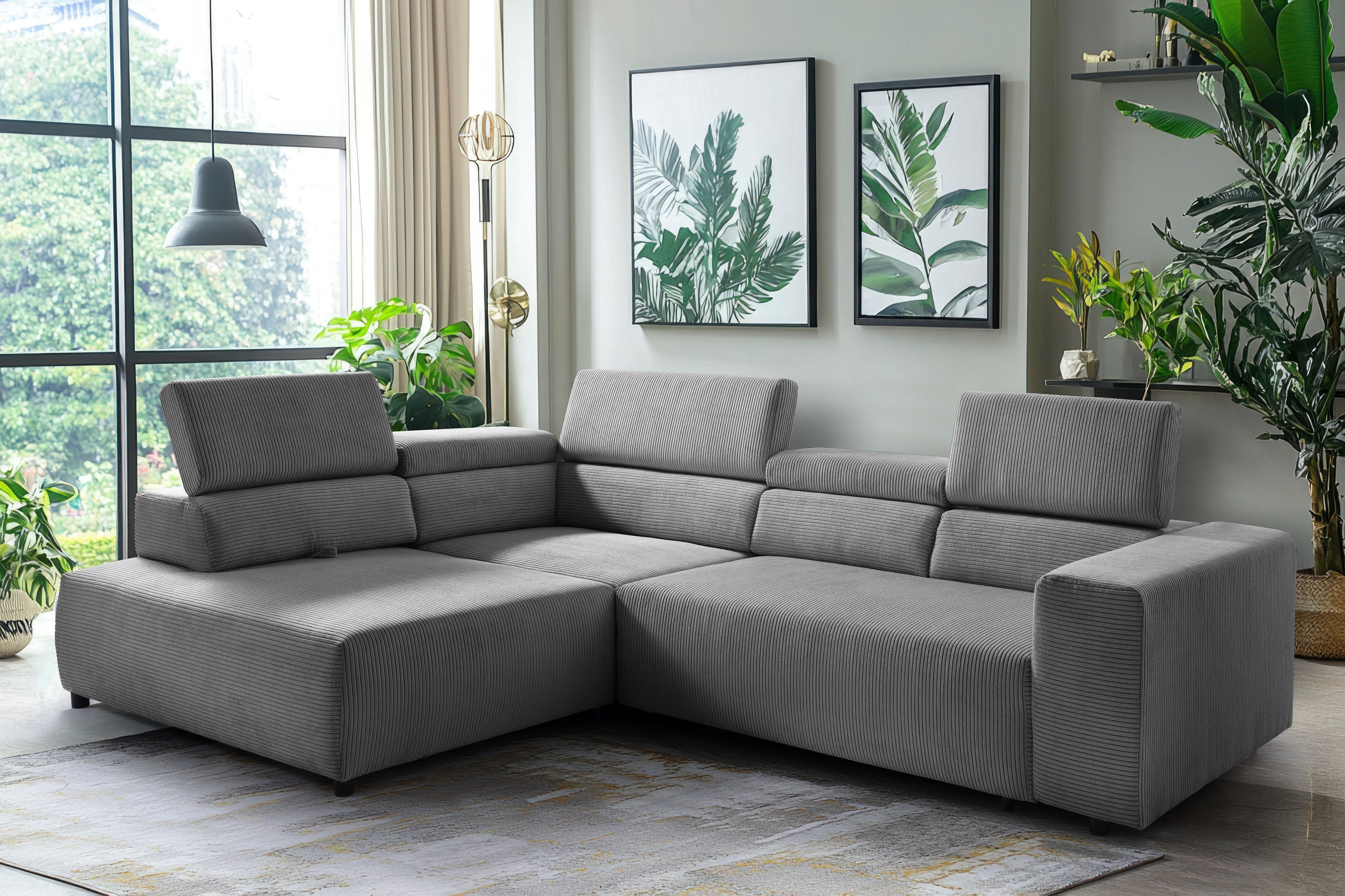 exxpo - sofa fashion Ecksofa VITTORIO mit Komfortfunktionen, bequem und modern, Cord, L-Form, inkl. Kopfteil- und Sitztiefenverstellung, wahlweise mit Bettfunktion