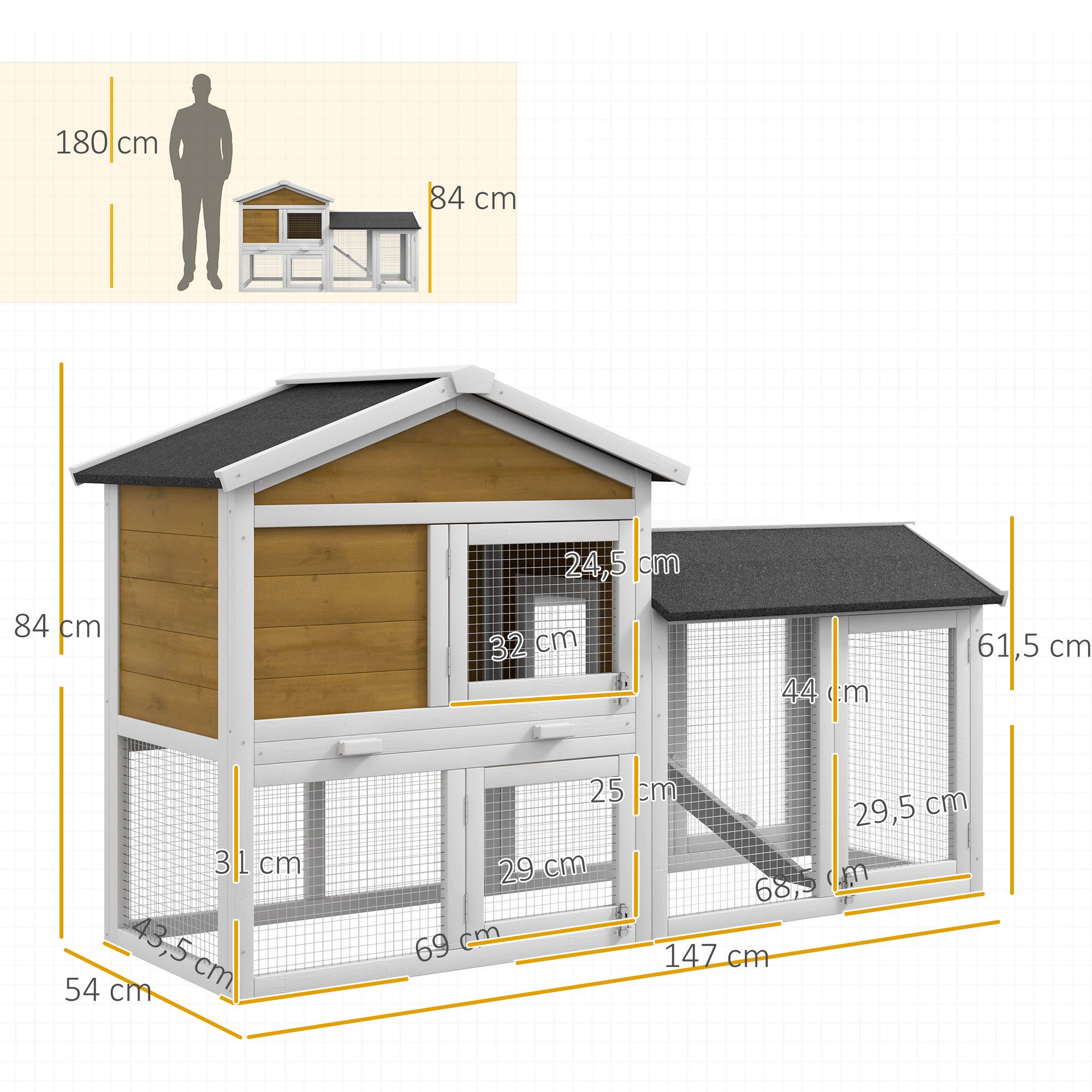 PawHut Kleintierstall Kaninchenstall aus Holz mit Bitumendach Freilaufgehege Rampe Türen, für Zwergkaninchen Meerschweinchen Outdoor 147x54x84 cm Gelb