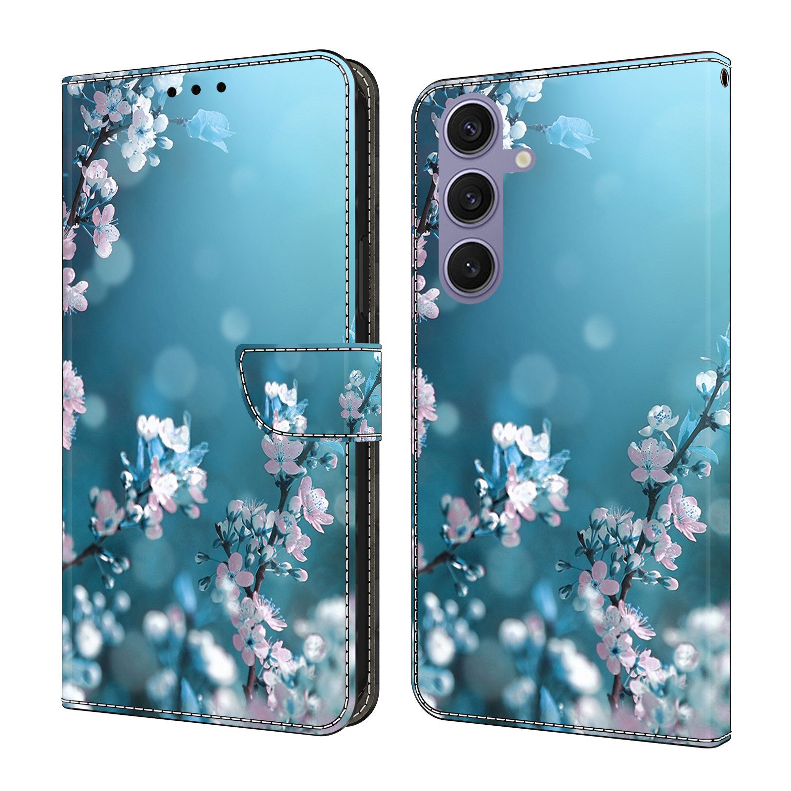 CLM-Tech Handytasche für Samsung Galaxy S25 Hülle aus PU-Leder Klapphülle (Pflaumenblüte blau, Handyhülle mit Standfunktion - Wallet Flip Case inklusive Kartenfächer), Cover mit Magnetverschluss - Samsung Galaxy S25 Schutzhülle