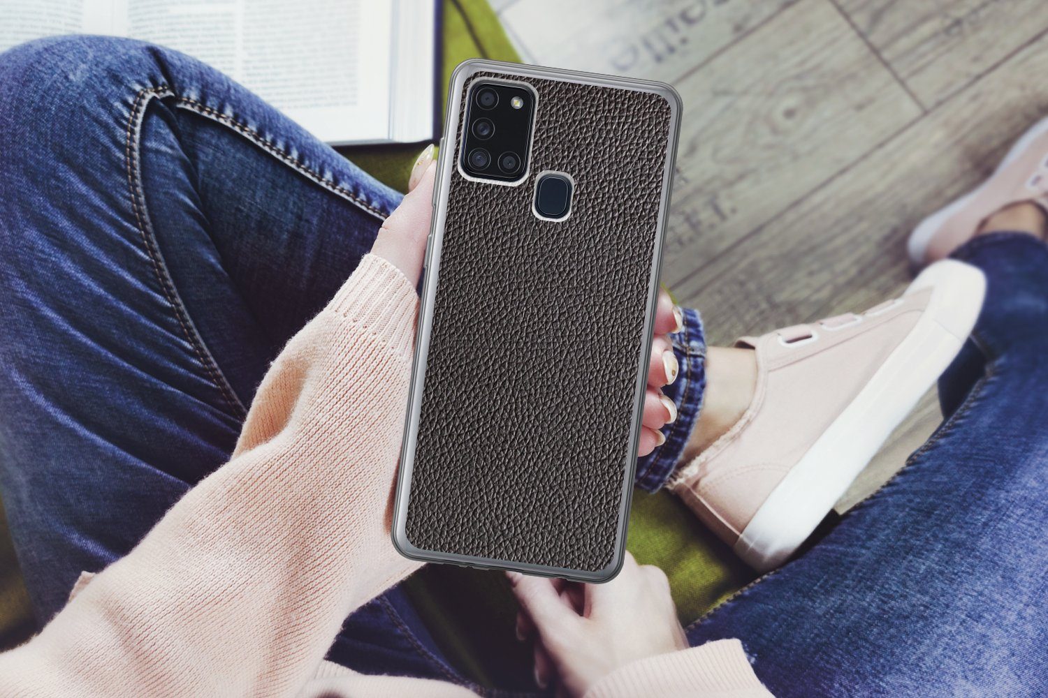 MuchoWow Handyhülle für Samsung Galaxy A21s Leder - Lederoptik - Schwarz - Hell, Smartphone-Bumper, Print, Handy Schutzhülle Dünn