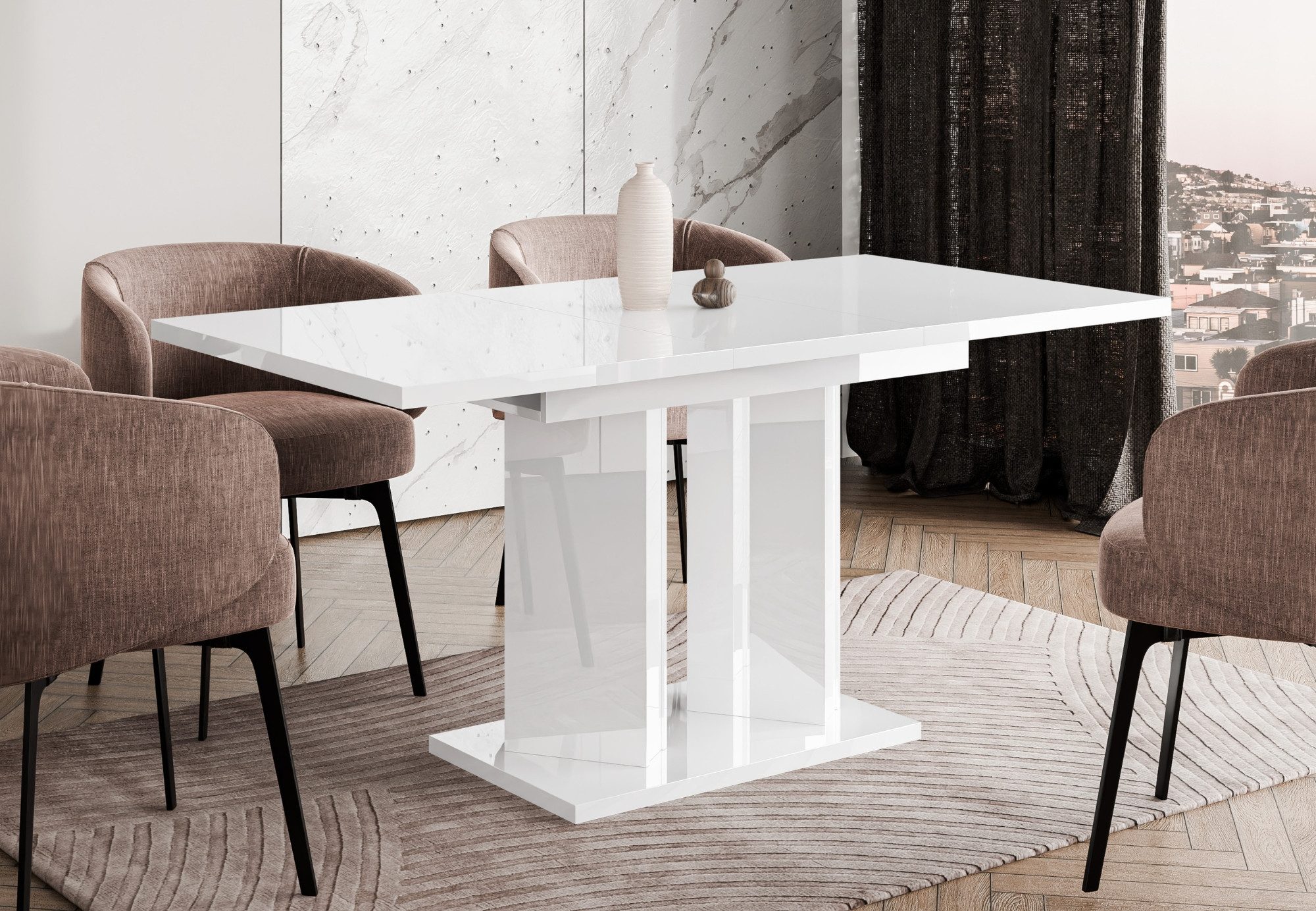 Home Collective Esstisch ausziehbar Tisch Küchentisch Esszimmertisch Ausziehtisch (Esszimmer Küche Wohnzimmer Esstisch erweiterbar), modernes Design Doppel-Säulengestell 120-160x80 cm Weiß glänzend