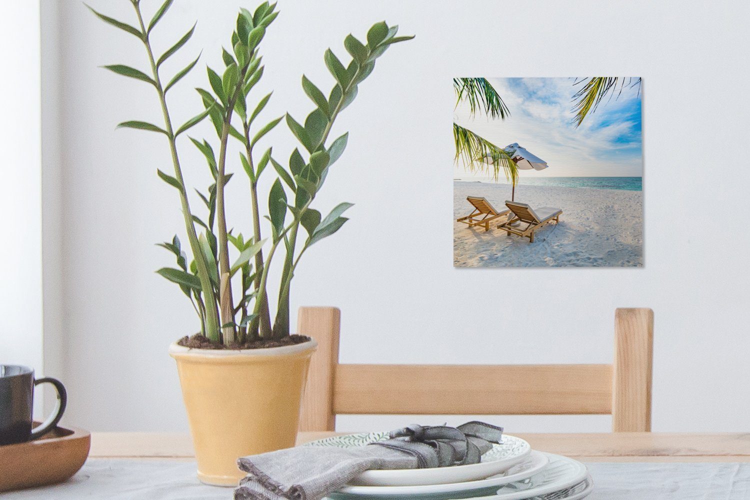 Schlafzimmer - - Strandkorb Bilder St), OneMillionCanvasses® Leinwandbild Wohnzimmer Sonnenschirm für Leinwand Sonnenuntergang, (1