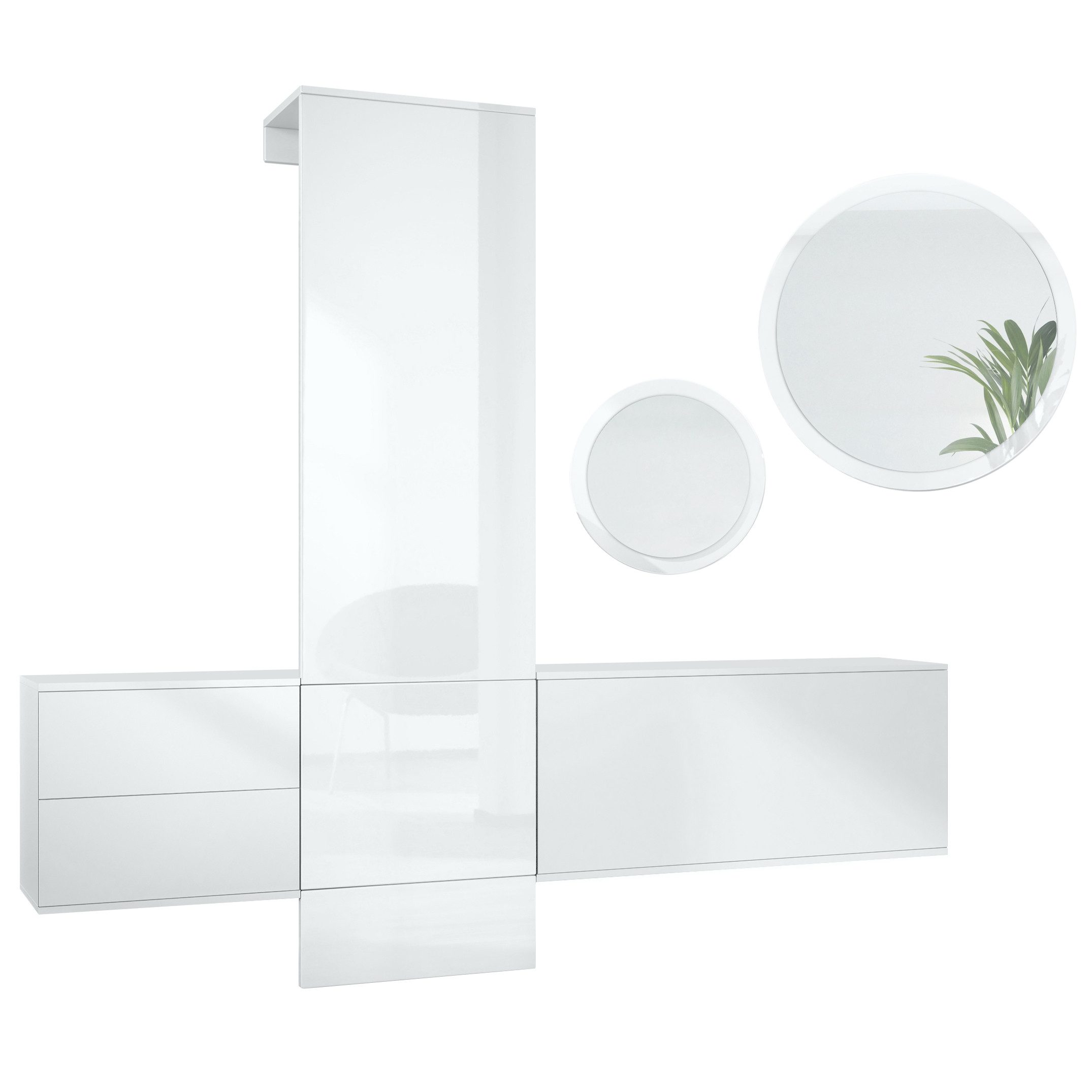 Vladon Garderoben-Set DualVista, (Garderoben-Set, bestehend aus 1 Garderobenpaneel, 2 Schrank Elementen und 2 Spiegel), Weiß matt/Weiß Hochglanz