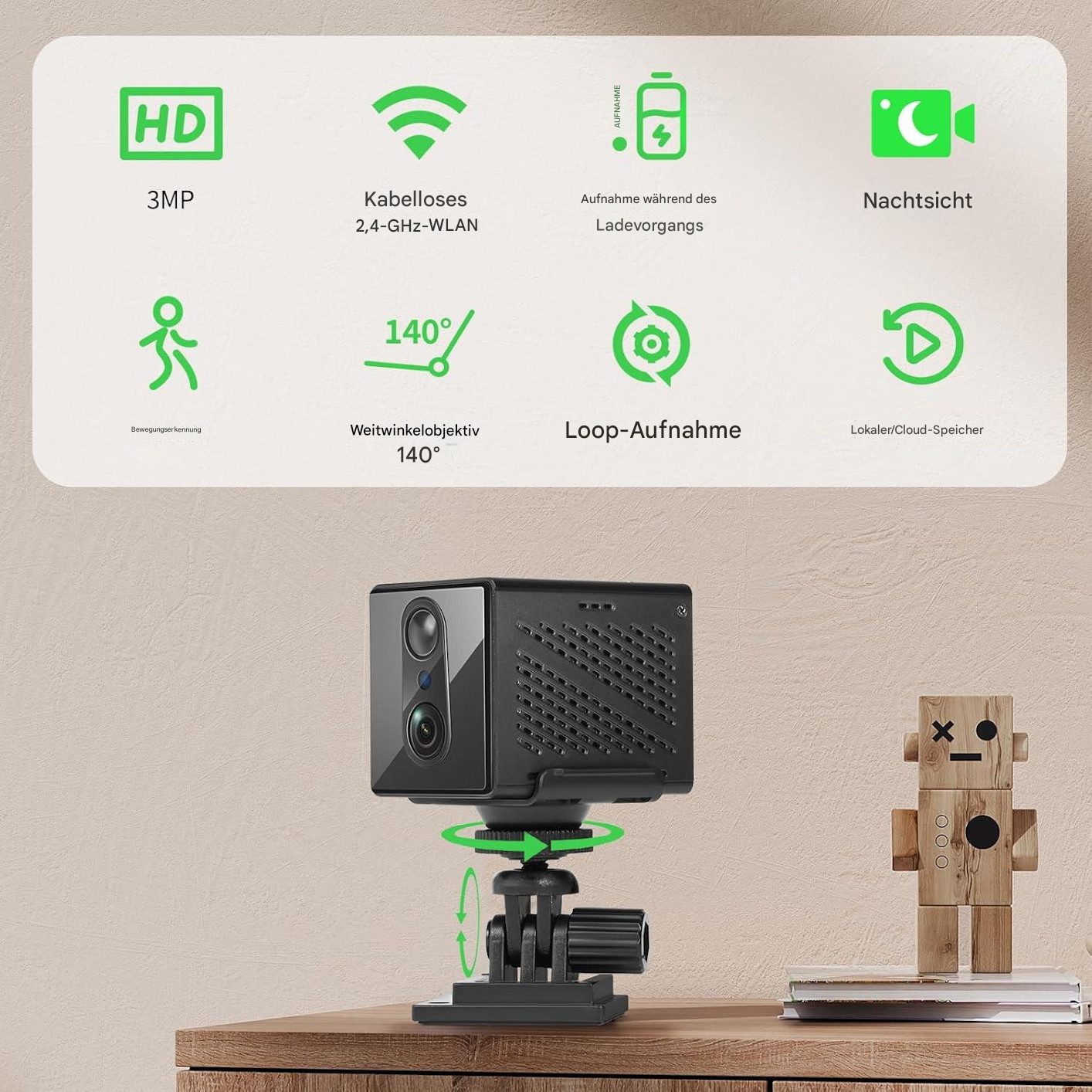 SpionProfi Überwachungskamera Wifi Mini Kamera Wlan Überwachungskamera Nachtsicht Bewegungsmelder (1-tlg., Full-HD Mini-Kamera mit Nachtsicht, Bewegungserkennung & App)