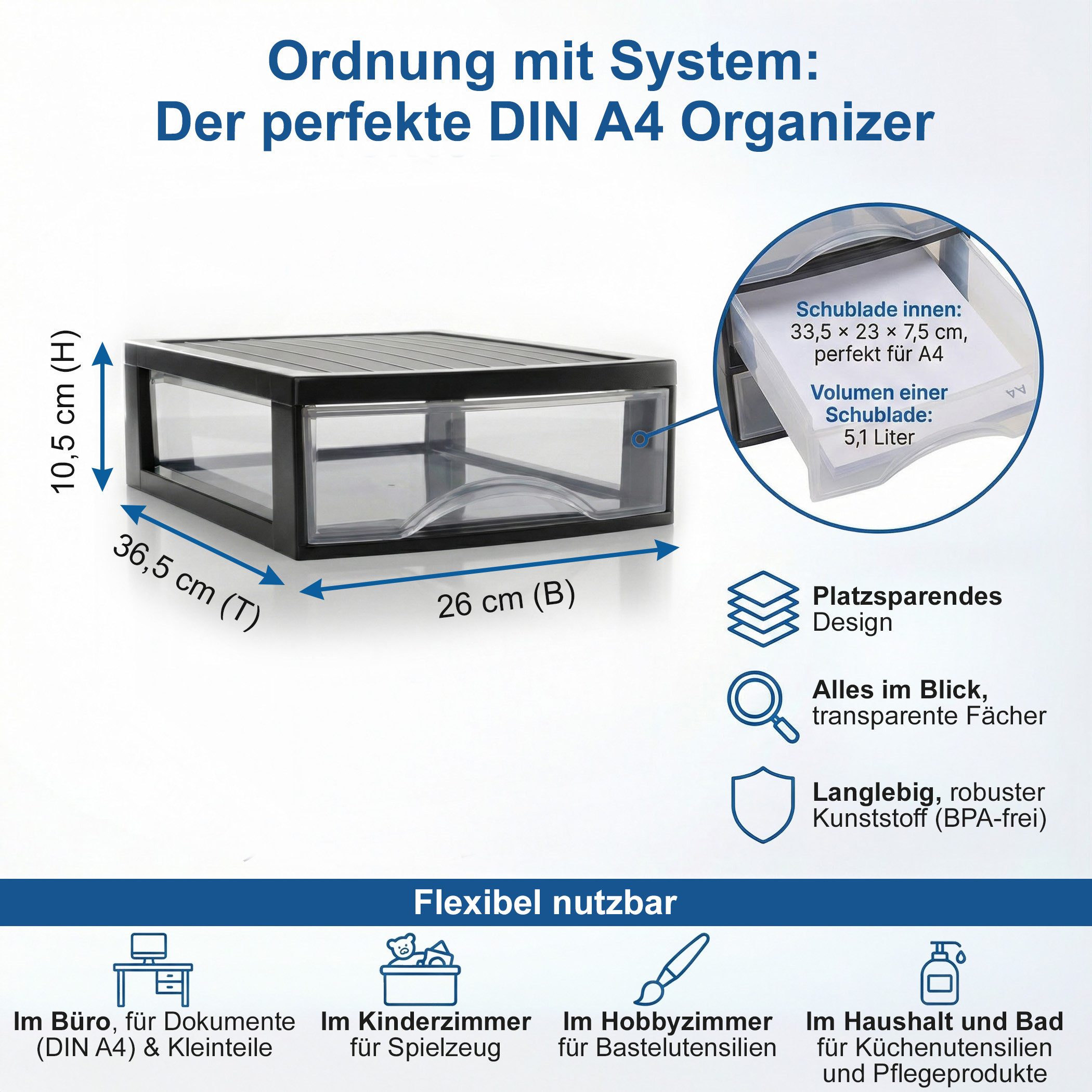 Hausfelder Schubladenbox Schubladenschrank A4 mit 2 Schubladen, Schreibtisch Ordnungssystem, (1-St., A4 mit 2 Schubladen), leicht zu reinigen, BPA-freier Kunststoff, verschiedene Größen