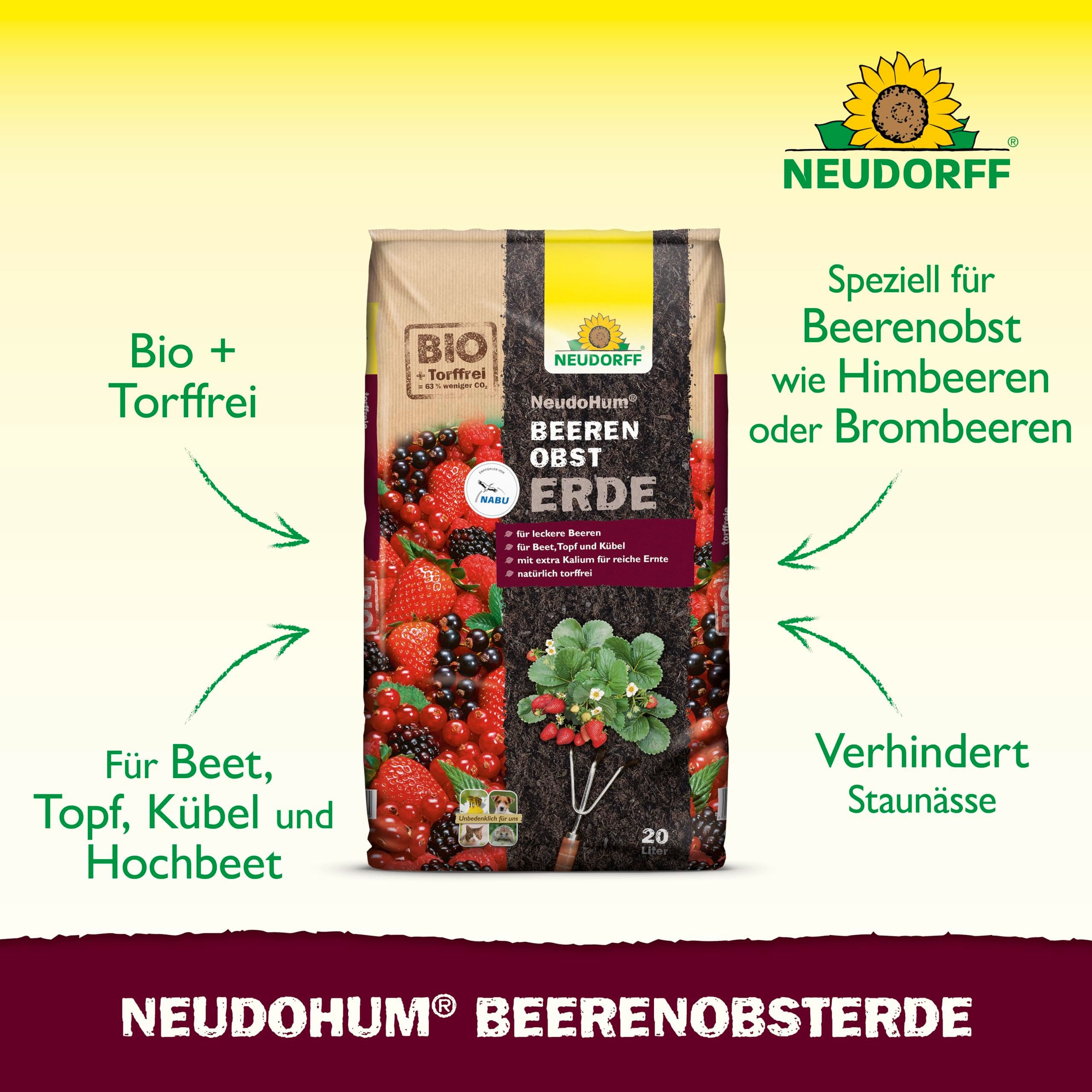 Neudorff Bio-Erde NeudoHum Bio BeerenobstErde 20 Liter, (Torffreie Bio-Erde mit extra Kalium für eine reiche Ernte mit leckeren Beeren, ideal für Erdbeeren, Brombeeren, Himbeeren, Stachelbeeren), im Beet, Topf, Kübeln, Balkonkästen und im Hochbeet
