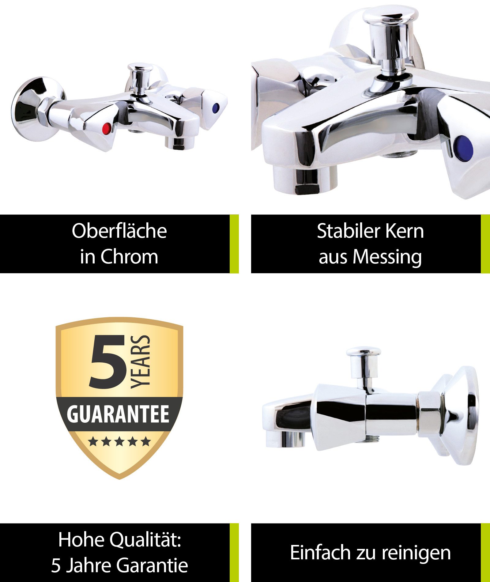 aquaSu Wannenarmatur Standard Zweigriffmischer, Chrom, Umsteller, Brauseabgang unten