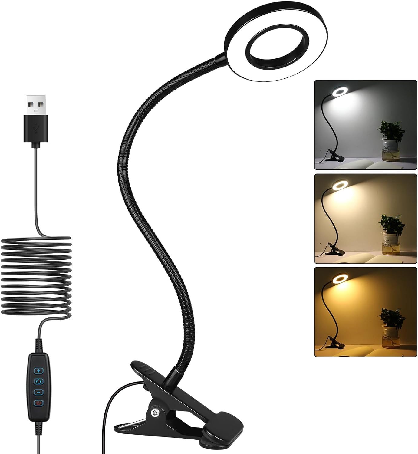 GOOLOO LED Schreibtischlampe 48 LEDs Dimmbare Leselampe Bett, 3 Modi und Stufe 10 Dimmen, 360° Flexibel USB Lampe für Lesen, Reisen, Schlafzimmer