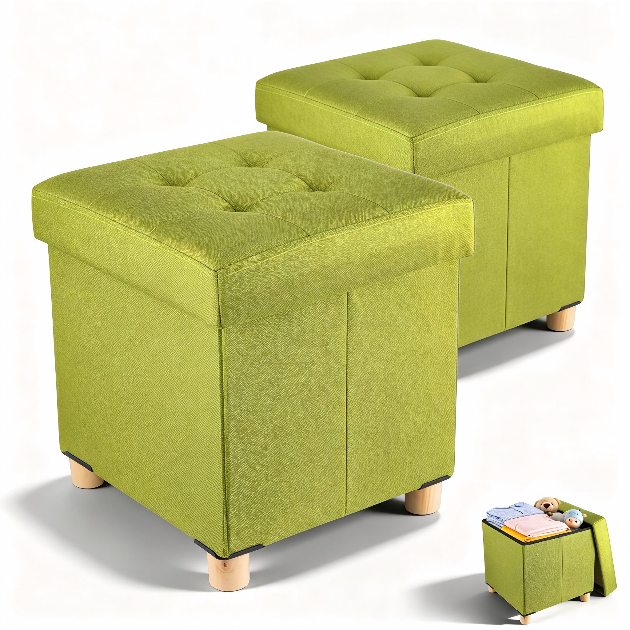 BlingBin Sitzhocker Platzsparender klappbarer Sitzhocker mit viel Stauraum und Deckel (2er Set, 2 St., 38 x 38 x 40 cm (B/H/T), gepolsterter Kubushocker mit Holzfüßen für Wohnzimmer und Schlafzimmer