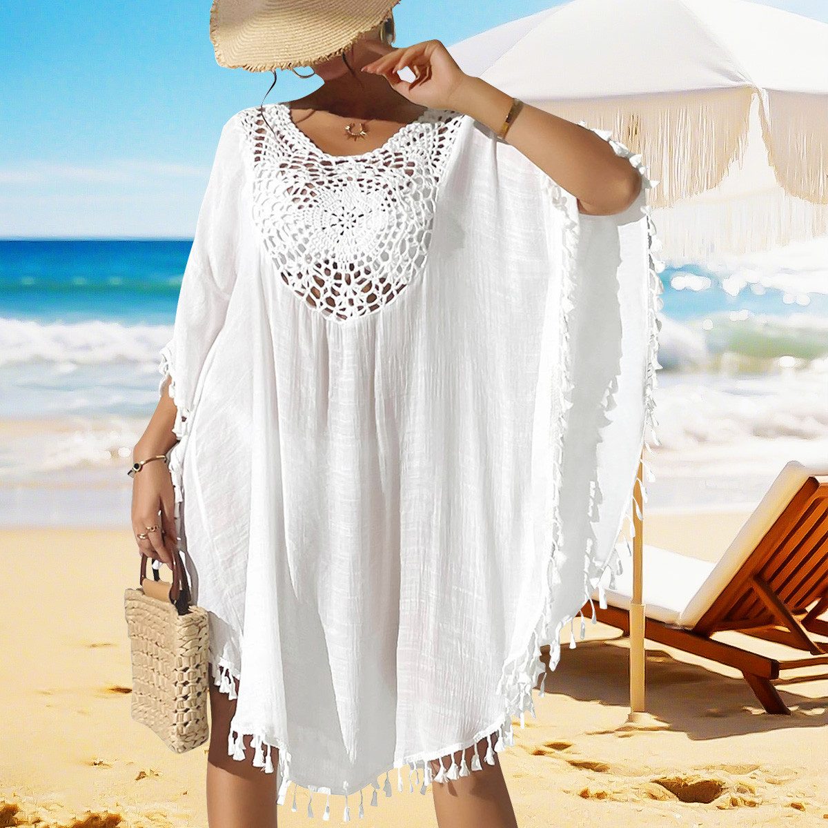 MOPUEA Strandkleid Damen Bikini Cover Up Strand-Tunika mit Fransen Strandbekleidung (Set, 1-tlg., Ideal für viele Anlässe im Sommer) Elegantes Häkel- und Fransen-Design