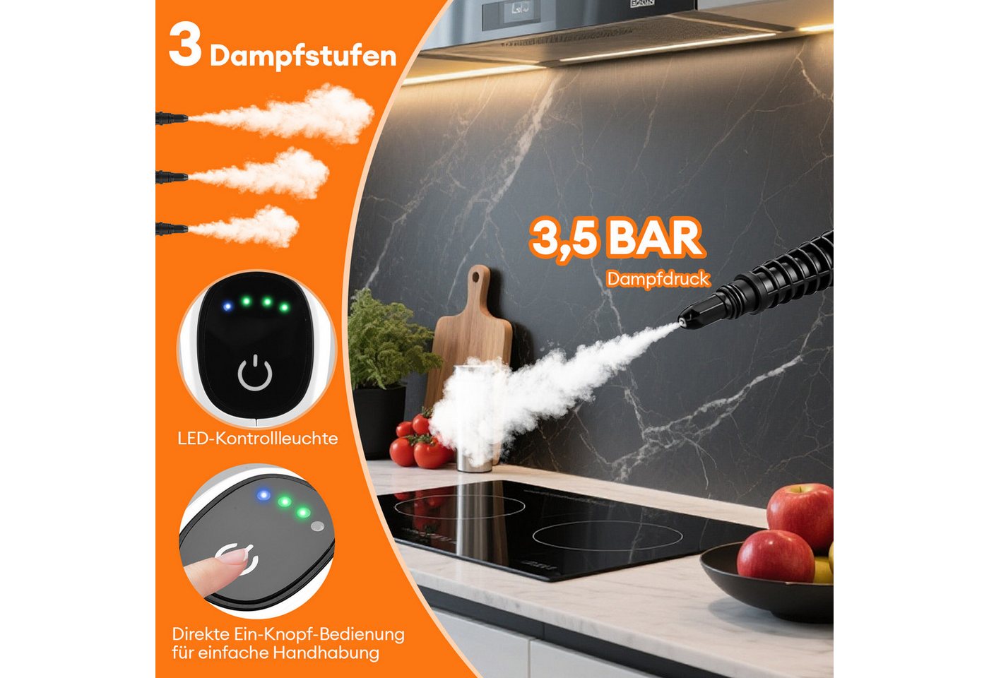 CkeyiN Handdampfreiniger Mehrzweck-Dampfreiniger 15s Aufheizzeit 150-450 Kpa Dampf 3 Stufe, 1200 W, mit 400-ml-Wassertank 13 Zubehörteilen gegen Fett-und Kalkablagerungen