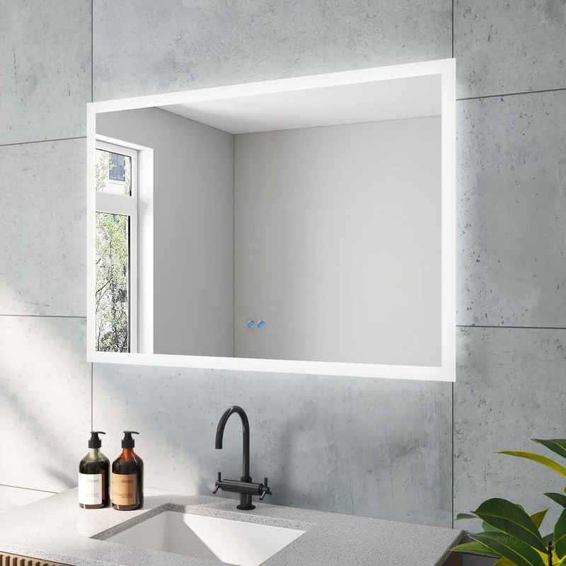 AQUALAVOS Badspiegel LED Badspiegel mit 6400K Kaltweiß Licht Beleuchtung Touch Wandspiegel, Polierte Eckige Ecken, BxH: 100 x 70 cm, Umweltfreundliches Material