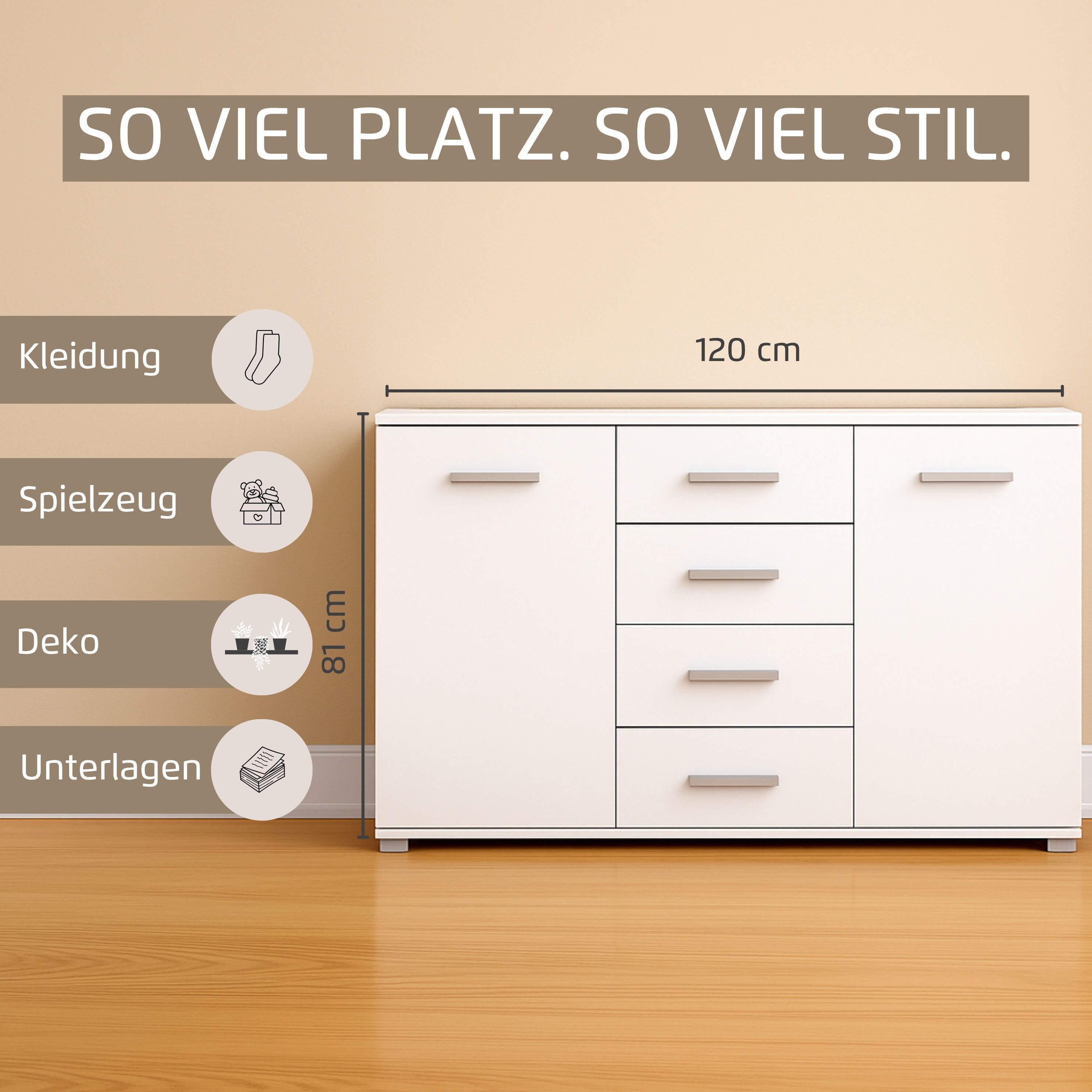 OTTO home Schubkastenkommode Kommode Sideboard Schubladenkommode Schlafzimmerkommode KOLUNA (Breite 120 cm mit moderner Dekorfront), vier große Schubladen, mit insgesamt 4 Einlegeböden MADE IN GERMANY