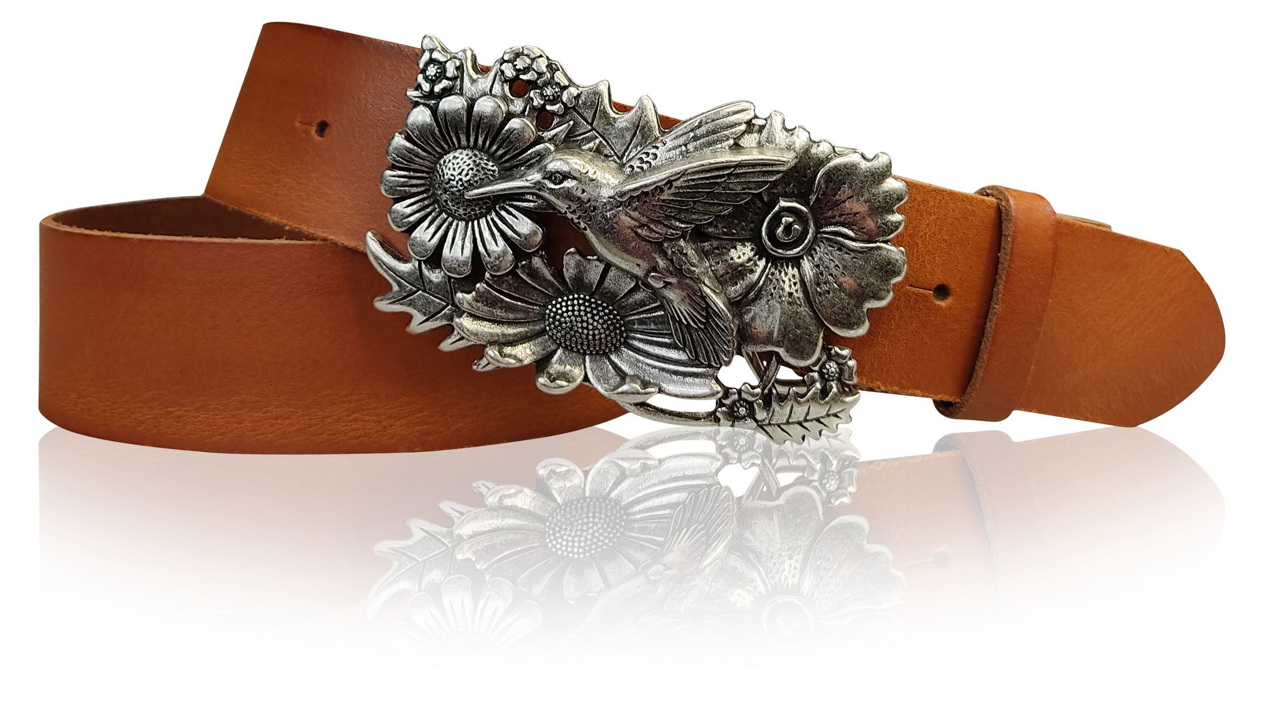 FRONHOFER Koppelgürtel 18171 Damengürtel, Kolibri Vogel Schnalle, Buckle silber, Ledergürtel Cognac