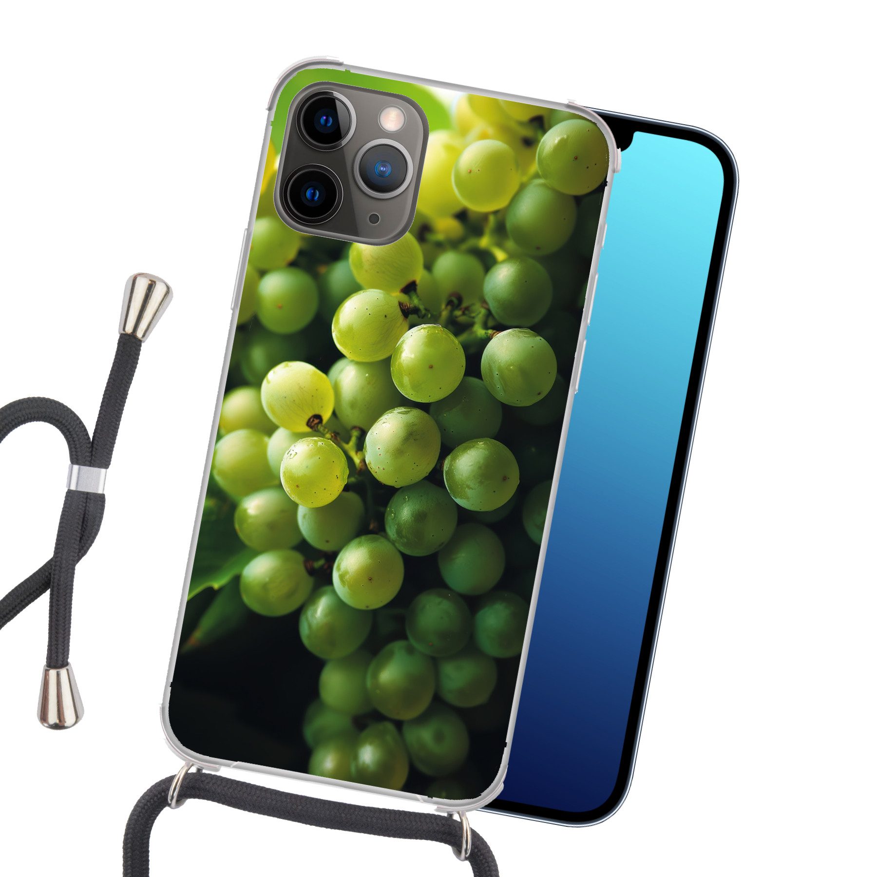 MuchoWow Handyhülle für Apple iPhone 13 Pro Max Weintrauben - Traube - Grün, Tragbare Handyhüllen mit Kette zum umhängen, Handykette Handyband