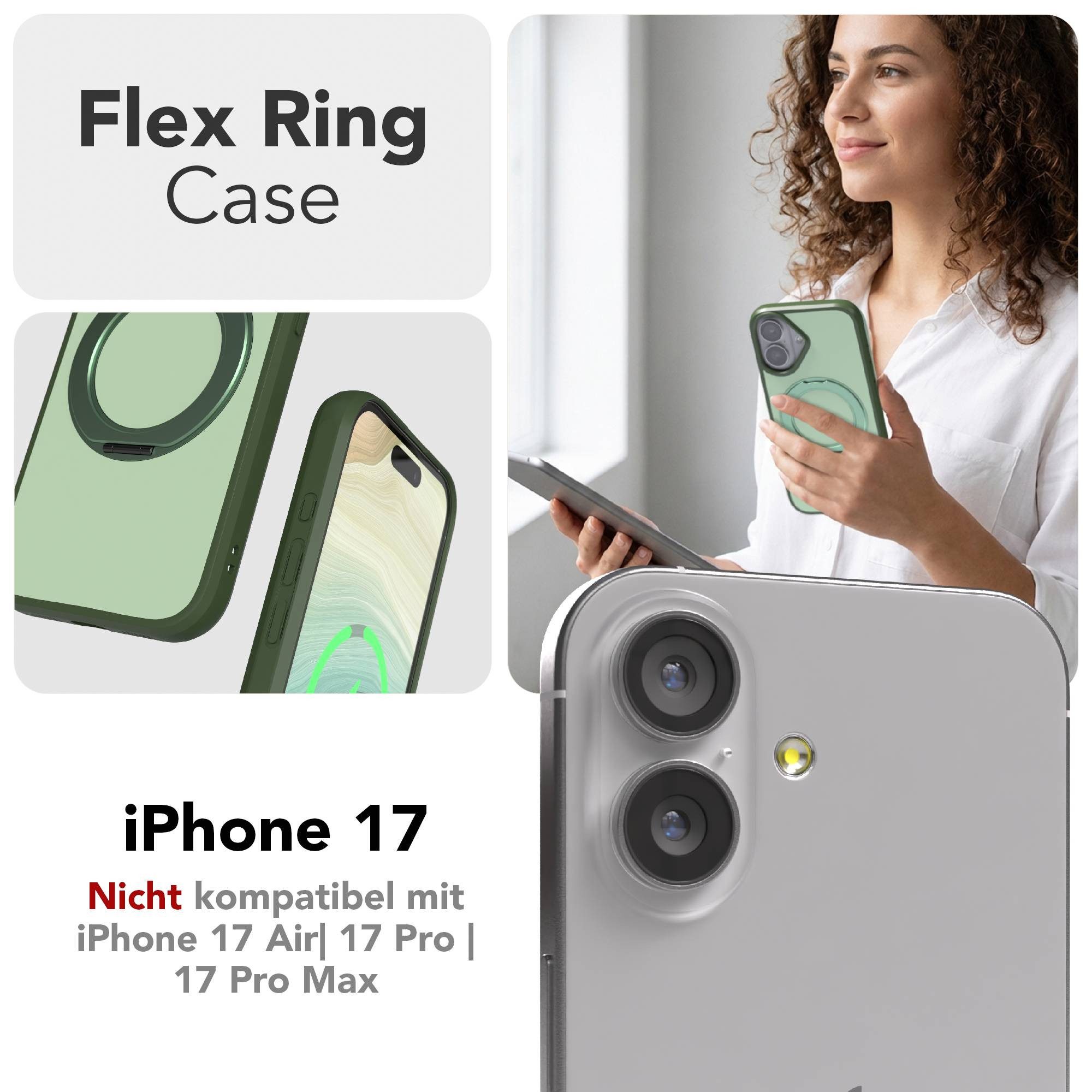EAZY CASE Handyhülle Outdoor Apple iPhone 17 Case MagSafe Rotation Ring 6,3 Zoll, Backcover Case mit Rotation Ring Outdoor Hülle aufstellbar Dunkelgrün – Bild 2 von 5
