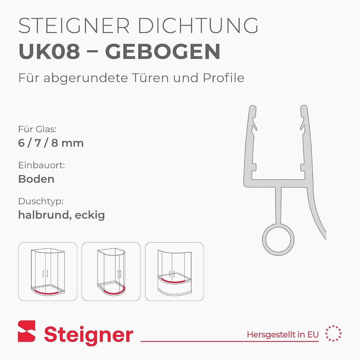 STEIGNER Duschdichtung Duschtürdichtung gebogen UK08 30 cm (1 Stk) Transparent 6-8 mm, L: 30 cm, (1 Stück Packung, Einzeldichtung), Duschdichtung Runddusche ode – Bild 2 von 5