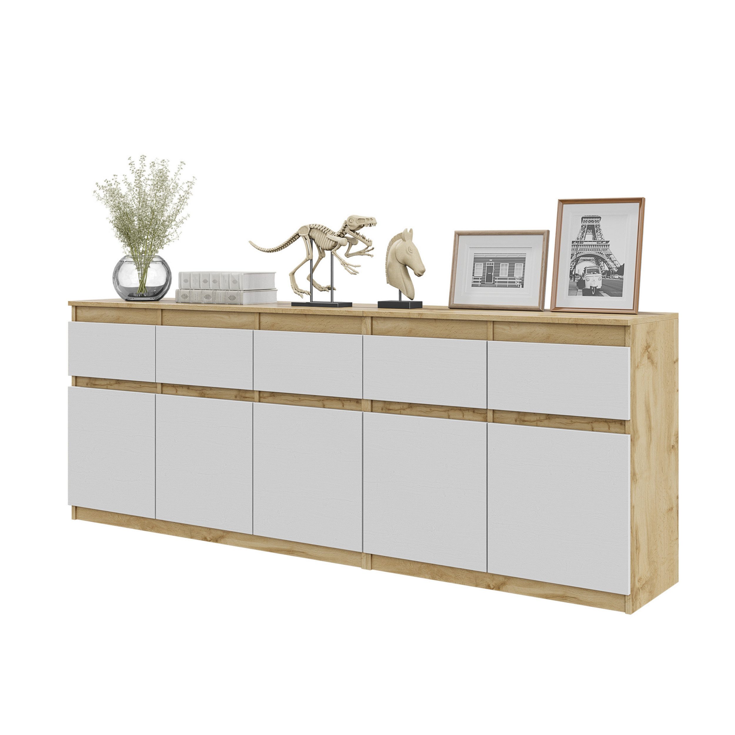 Furnica Kommode NOAH, 5 Schubladen und 5 Türen - Votan Eiche H75cm B200cm T35cm