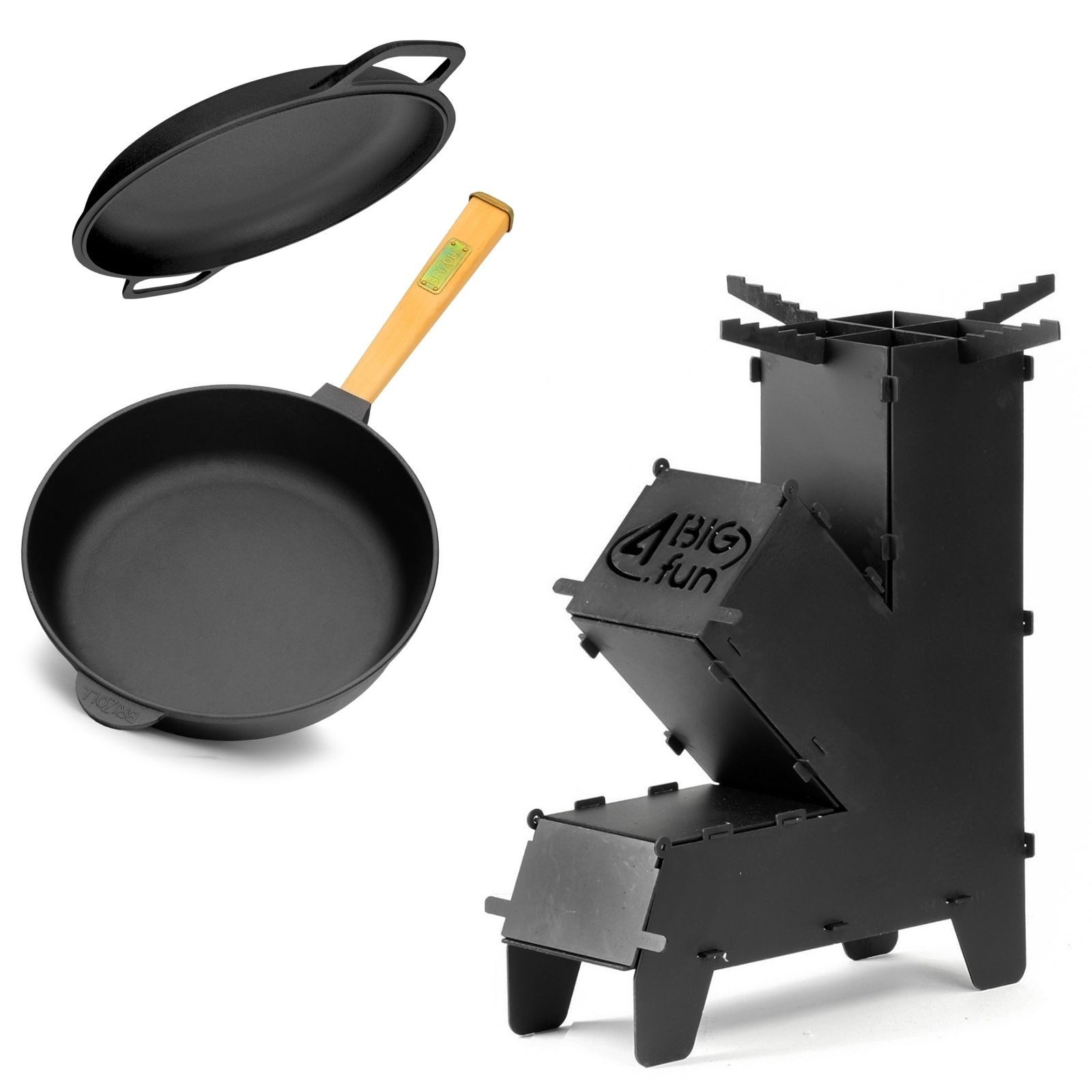 BIG-PAN Feuerstelle Raketenofen Ø20 cm Gusseisenpfanne Ø20 cm Deckel-Bratpfanne