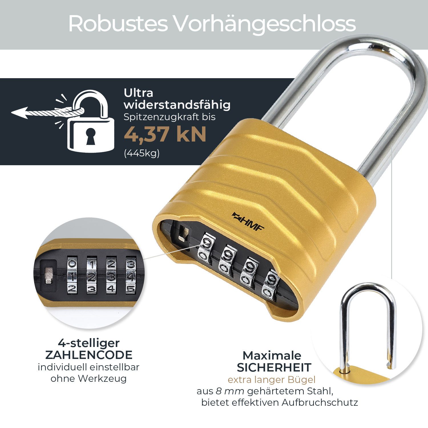 HMF Vorhängeschloss Zahlenschloss Vorhängeschloss mit hohem Bügel, robustes Schloss mit, 4-stelligem Zahlencode Aluminiumlegierung, 5,6 x 2,6 x 11,7 cm, Gold